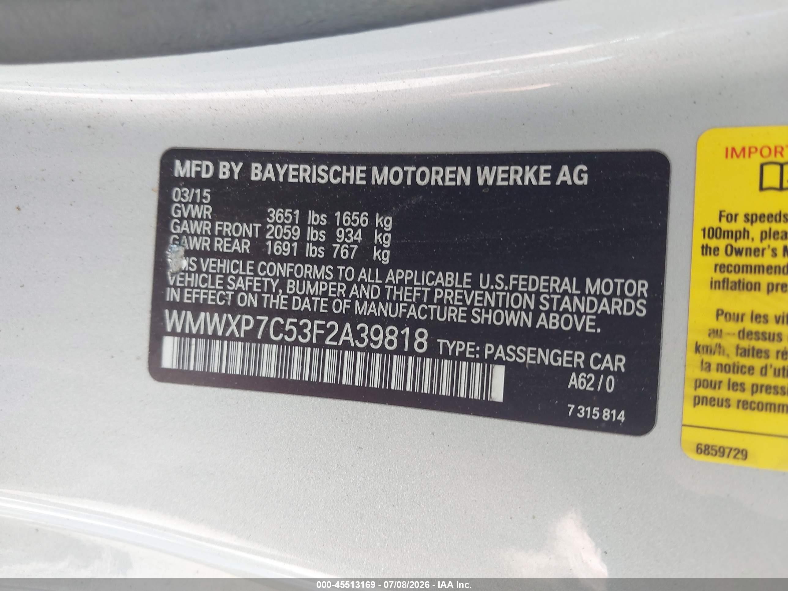 2015 Mini Hard top VIN WMWXP7C53F2A39818 IAAI salvage auction — Hail, Salvage (Illinois), sold $2,000 on 2026-09-08 (photo 9)