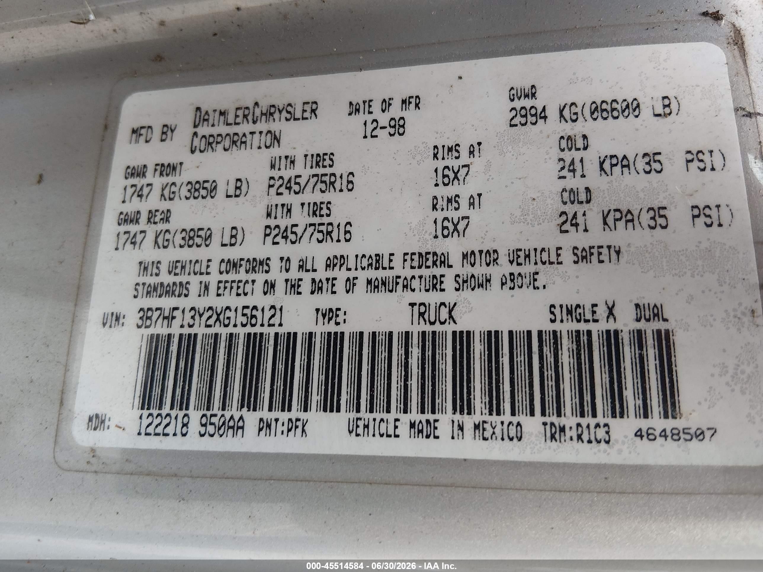 1999 Dodge Ram 1500 VIN 3B7HF13Y2XG156121 IAAI salvage auction — Normal Wear, Clear-Dealer Only (Washington), sold $5,725 on 2026-07-09 (photo 9)