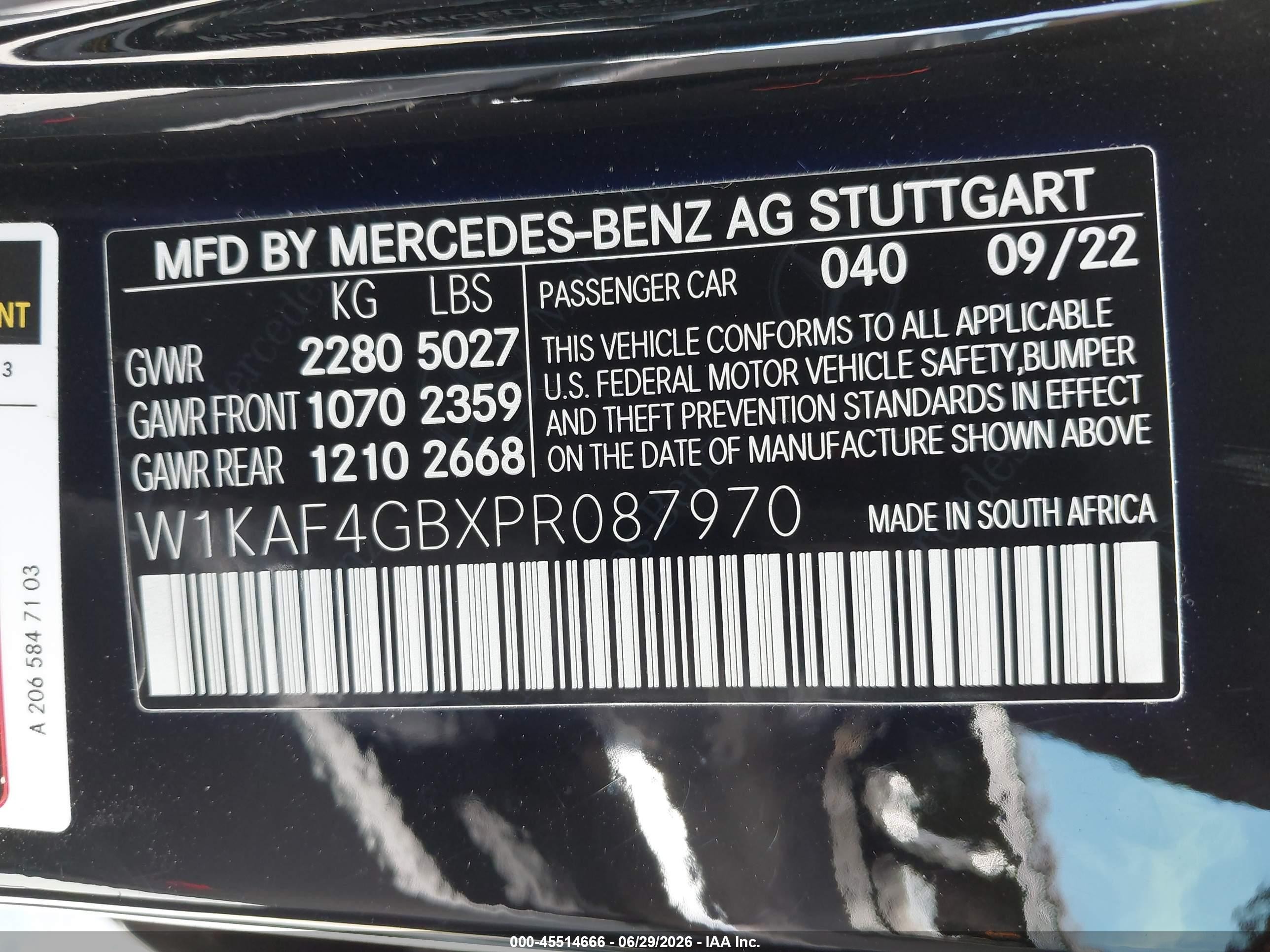 2023 Mercedes-Benz C-Class VIN W1KAF4GBXPR087970 IAAI salvage auction — Front End, Salvage (California), sold $18,300 on 2026-07-10 (photo 9)