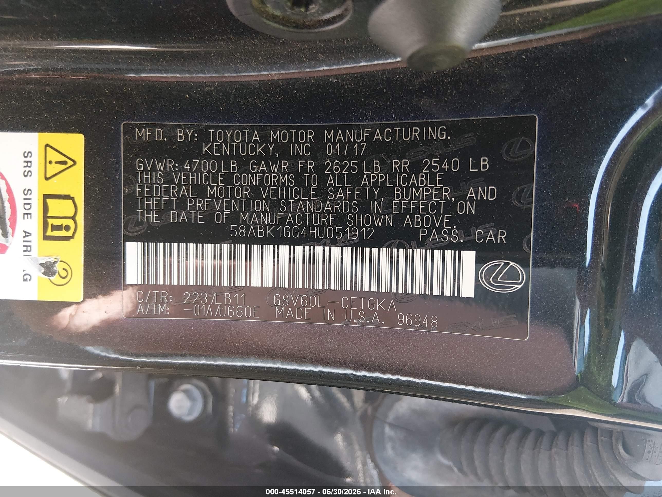 2017 Lexus ES VIN 58ABK1GG4HU051912 IAAI salvage auction — Front End, Clear (Arkansas), sold $4,900 on 2026-09-05 (photo 9)