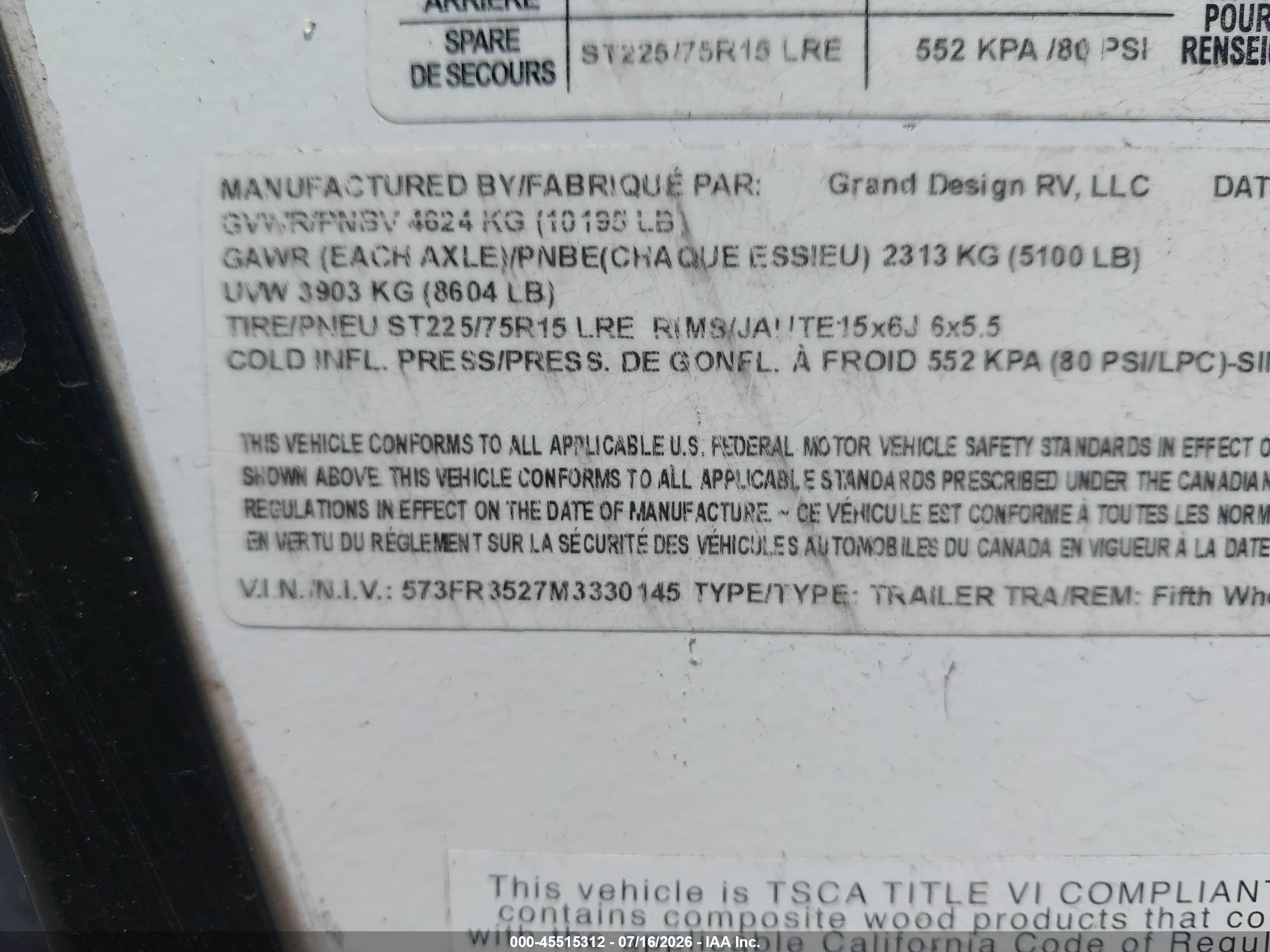 2021 Grand desi Reflection VIN 573FR3527M3330145 IAAI salvage auction — Rollover, Salvage (South Carolina), sold $6,000 on 2026-09-10 (photo 9)