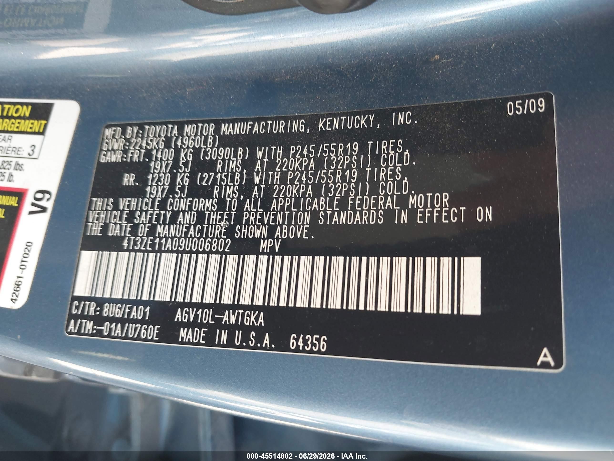 2009 Toyota Venza VIN 4T3ZE11A09U006802 IAAI salvage auction — Normal Wear, Clear-Dealer Only (Arizona), sold $1,325 on 2026-07-09 (photo 9)