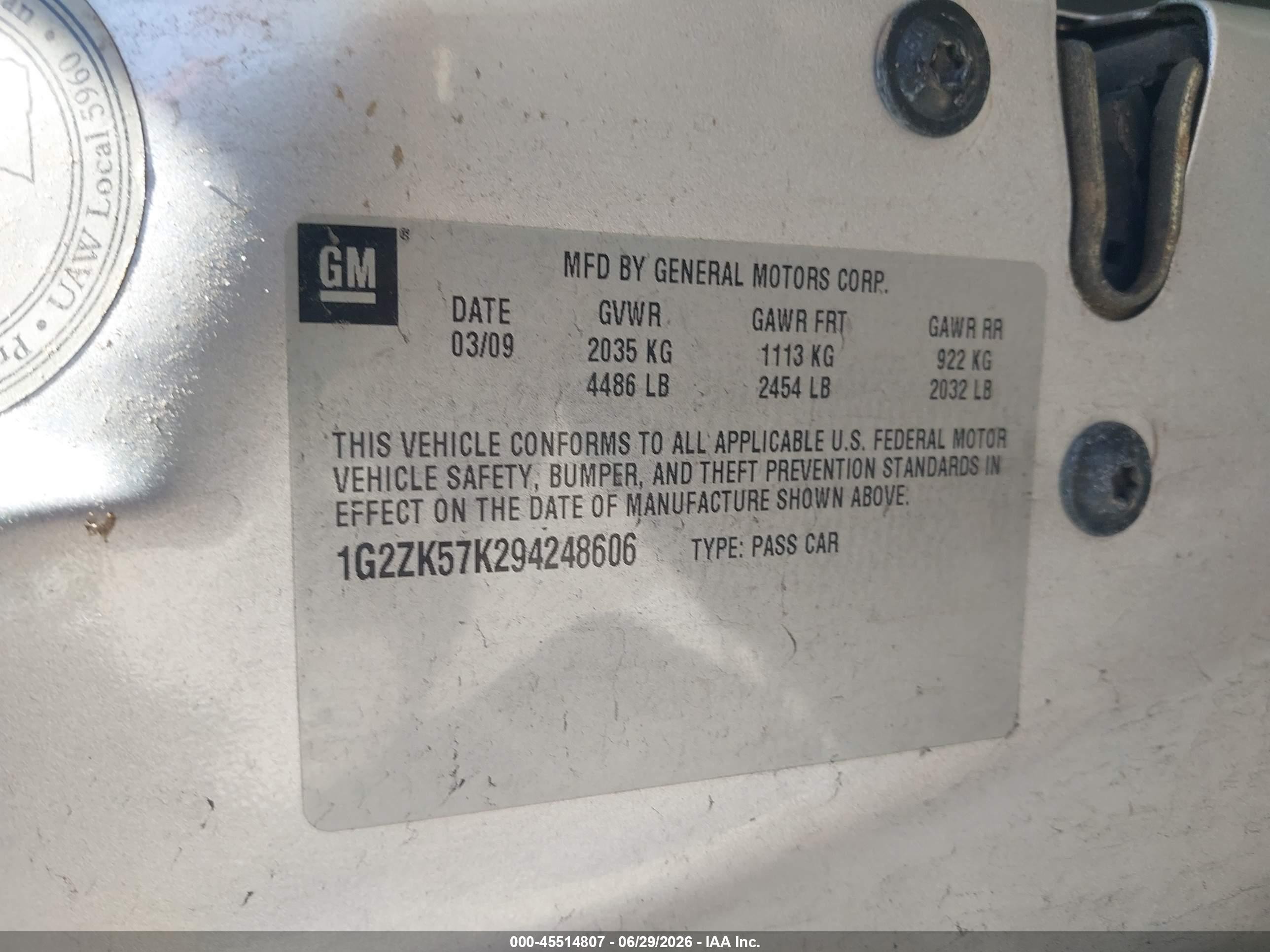 2009 Pontiac G6 New VIN 1G2ZK57K294248606 IAAI salvage auction — Normal Wear, Clear-Dealer Only (Arizona), sold $225 on 2026-07-09 (photo 9)