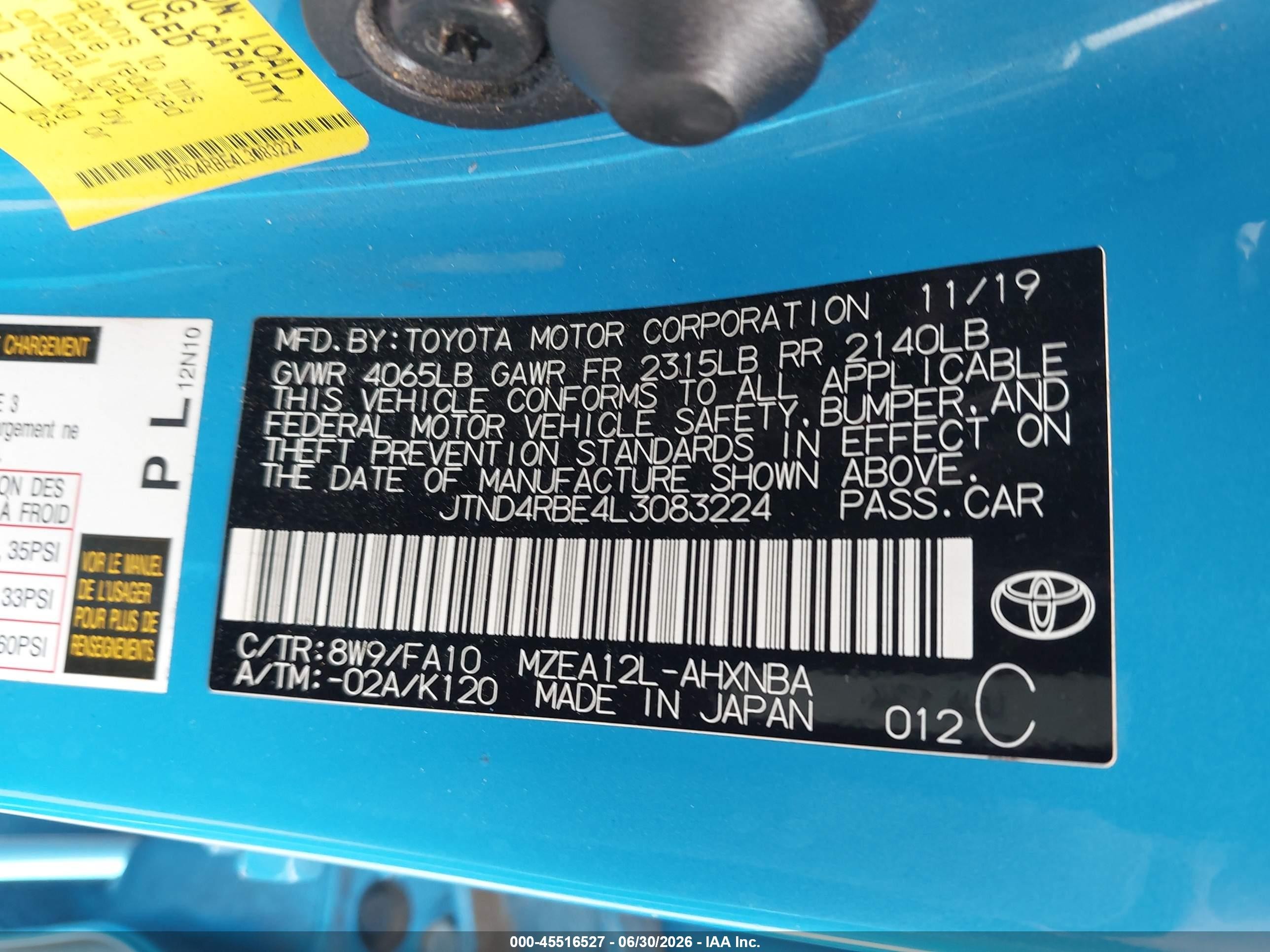 2020 Toyota Corolla VIN JTND4RBE4L3083224 IAAI salvage auction — Rear End, Salvage Title - Dealer (California), sold $4,400 on 2026-07-09 (photo 9)