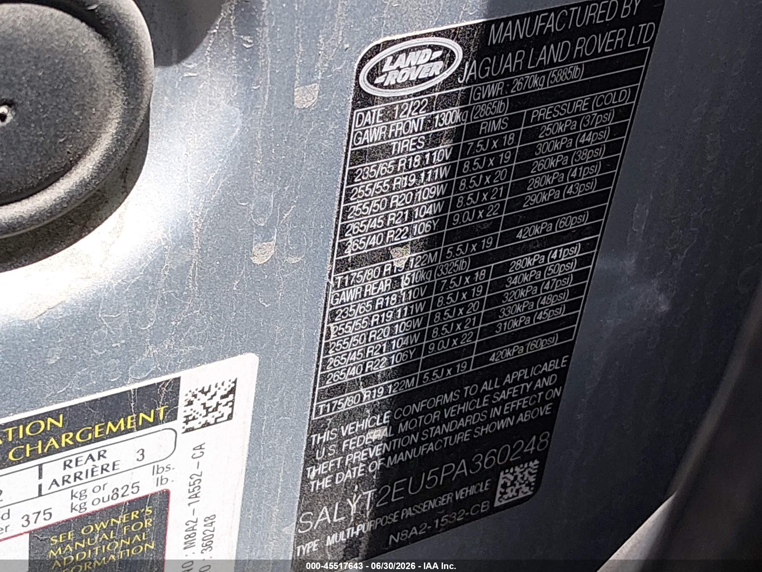 2023 Land Rover Range Rover Velar VIN SALYT2EU5PA360248 IAAI salvage auction — Rear End, Salvage (Idaho), sold $19,650 on 2026-08-20 (photo 9)