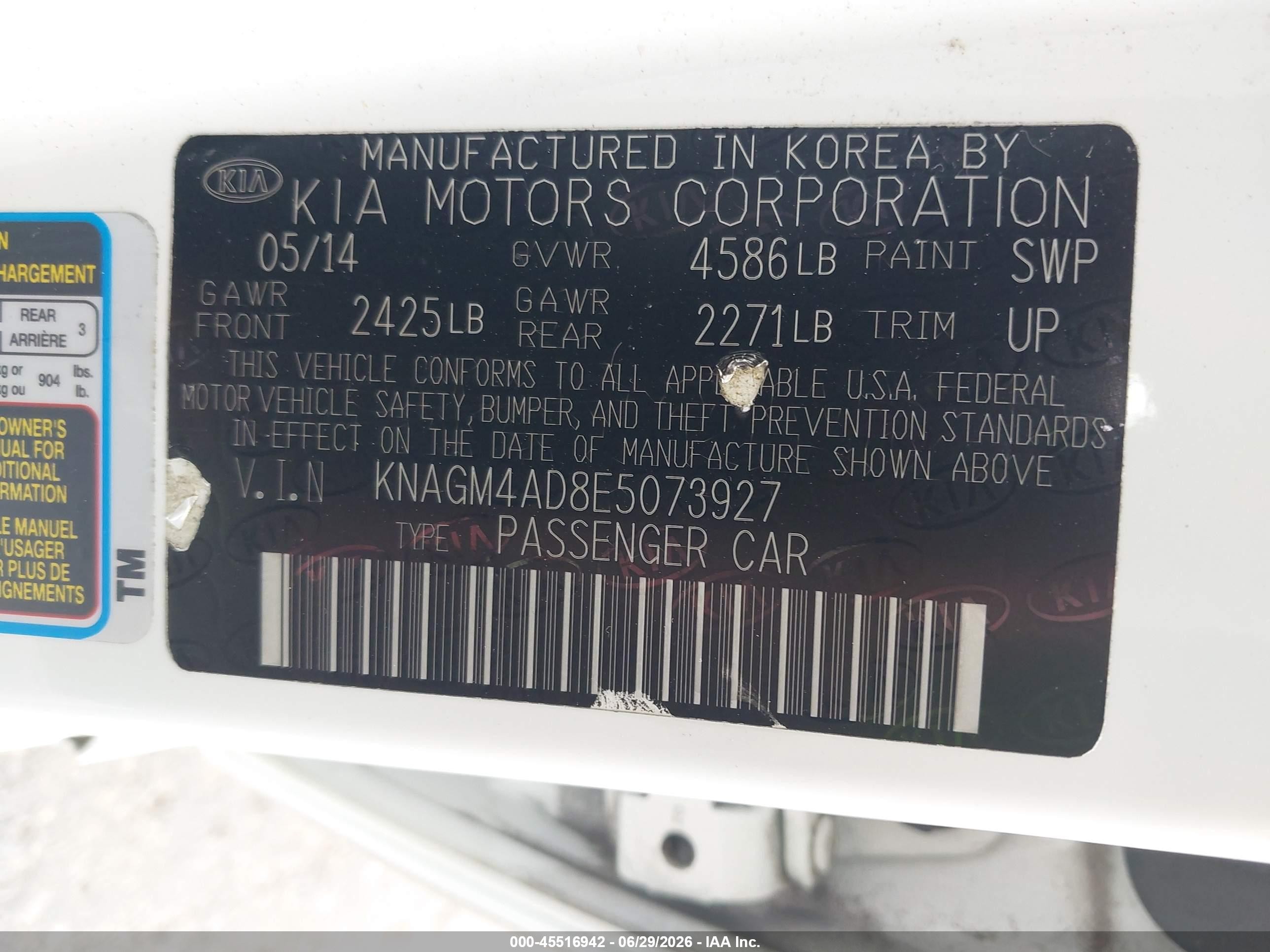 2014 Kia Optima Hybrid VIN KNAGM4AD8E5073927 IAAI salvage auction — Normal Wear, Clear-Dealer Only (Washington), sold $625 on 2026-07-09 (photo 9)