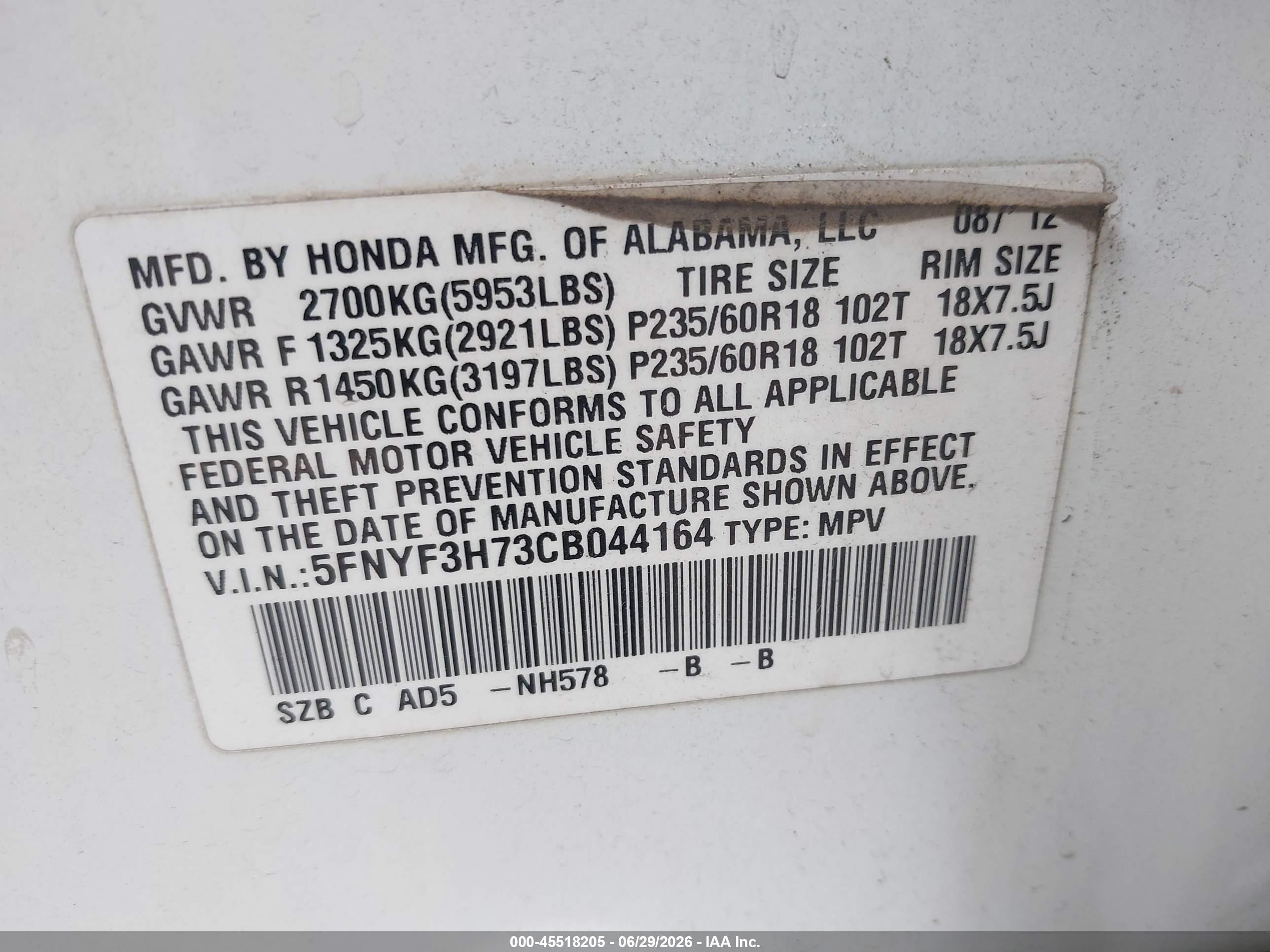 2012 Honda Pilot VIN 5FNYF3H73CB044164 IAAI salvage auction — Normal Wear, Clear-Dealer Only (Oregon), sold $800 on 2026-07-09 (photo 9)