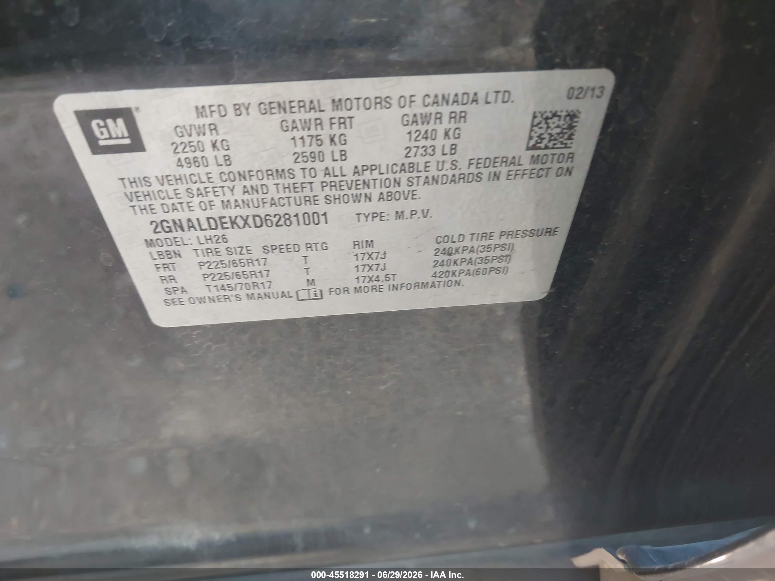 2013 Chevrolet Equinox VIN 2GNALDEKXD6281001 IAAI salvage auction — Normal Wear, Clear-Dealer Only (Arizona), sold $875 on 2026-07-09 (photo 9)