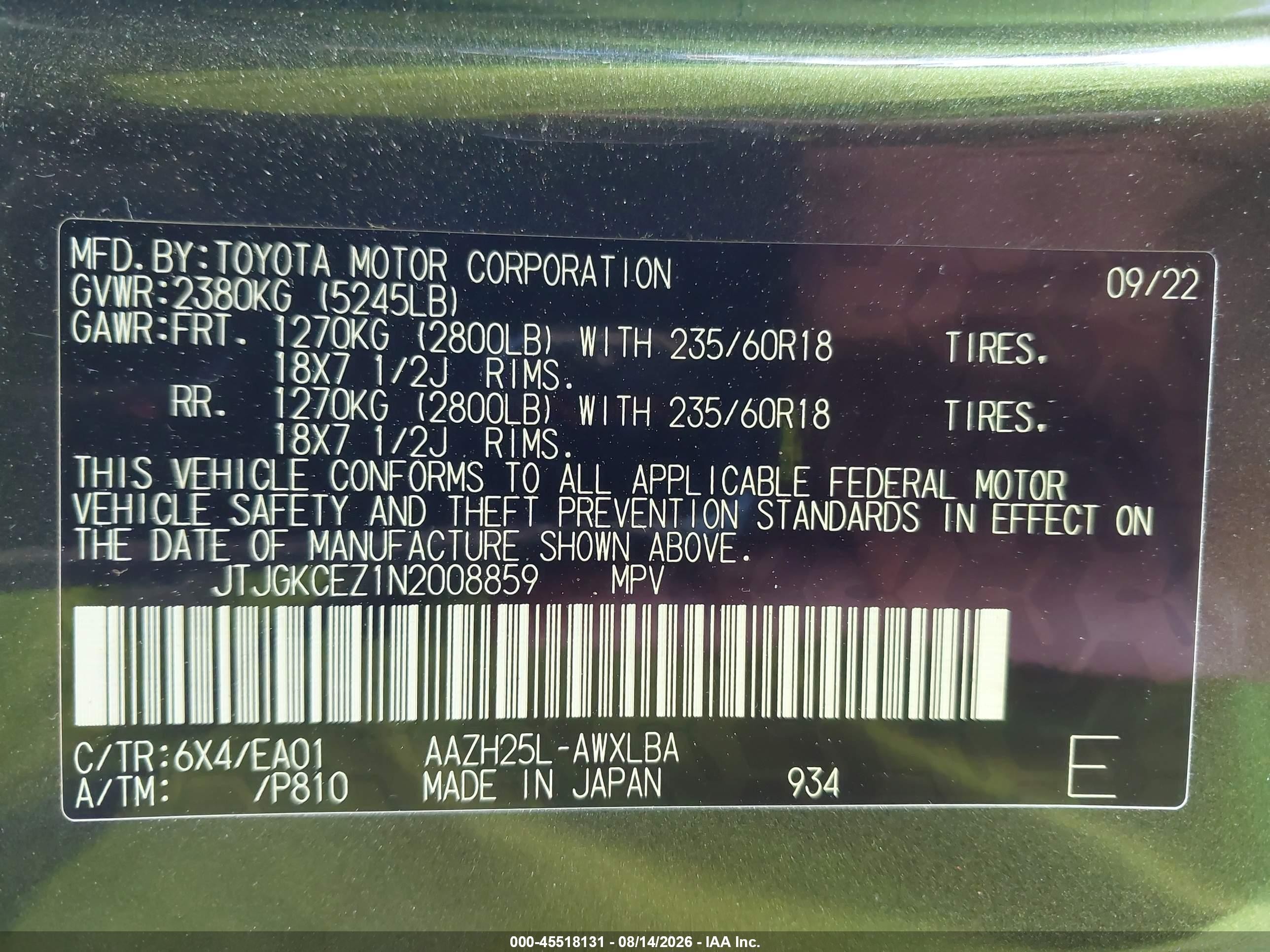 2022 Lexus Nx VIN JTJGKCEZ1N2008859 IAAI salvage auction — Rear End, Salvage (California), sold $17,925 on 2026-08-24 (photo 9)
