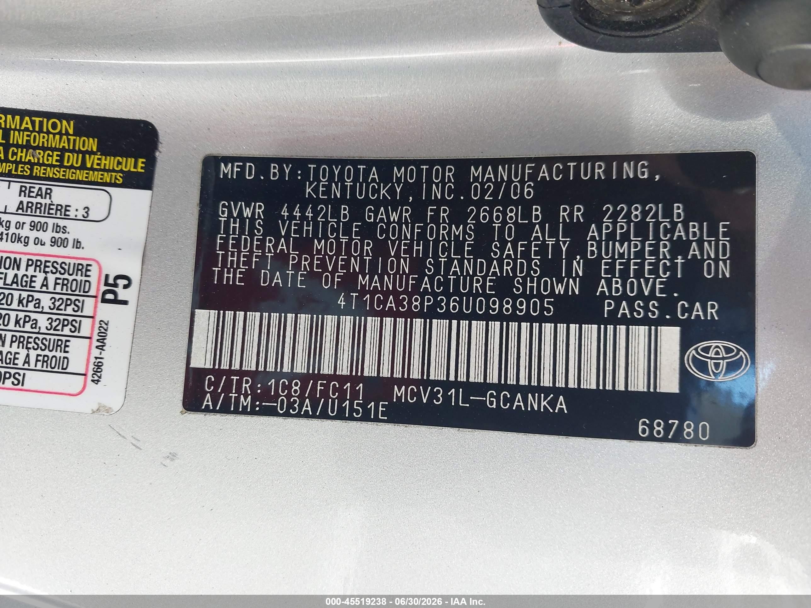 2006 Toyota Camry VIN 4T1CA38P36U098905 IAAI salvage auction — Normal Wear, Clear - Dealer Only (California), sold $700 on 2026-07-09 (photo 9)