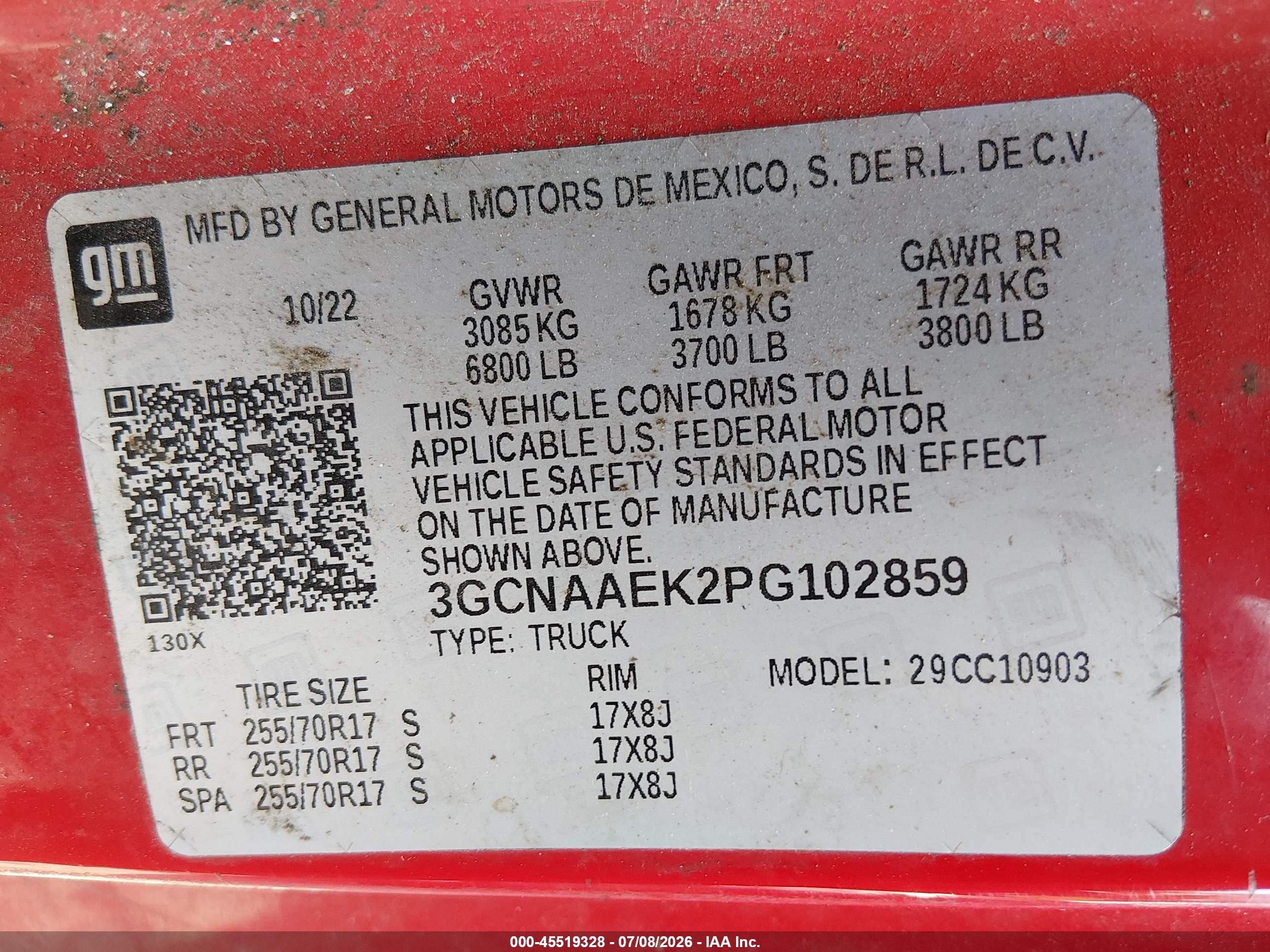 2023 Chevrolet Silverado VIN 3GCNAAEK2PG102859 IAAI salvage auction — Front End, Salvage (South Carolina), sold $3,500 on 2026-09-08 (photo 9)