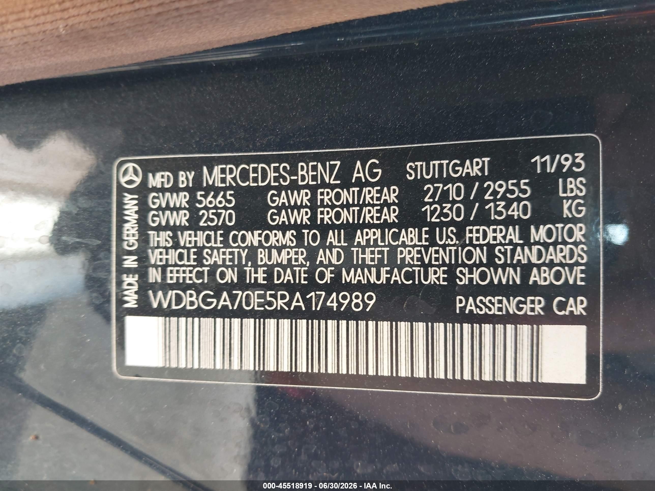 1994 Mercedes-Benz S-Class VIN WDBGA70E5RA174989 IAAI salvage auction — Normal Wear, Duplicate Paperwork (California), sold $300 on 2026-07-02 (photo 9)