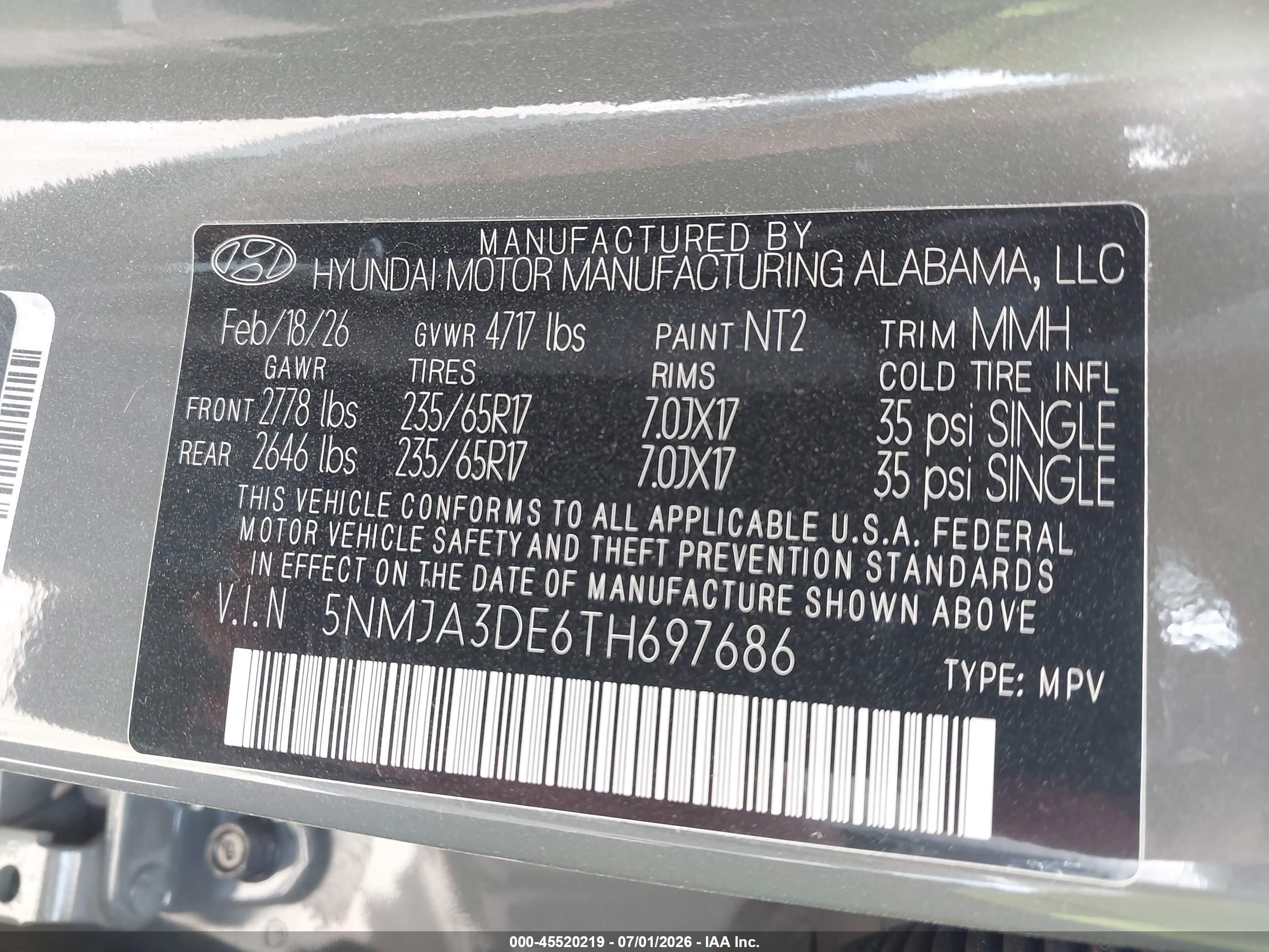 2026 Hyundai Tucson VIN 5NMJA3DE6TH697686 IAAI salvage auction — Rollover, Salvage (Texas), sold $7,000 on 2026-09-08 (photo 9)