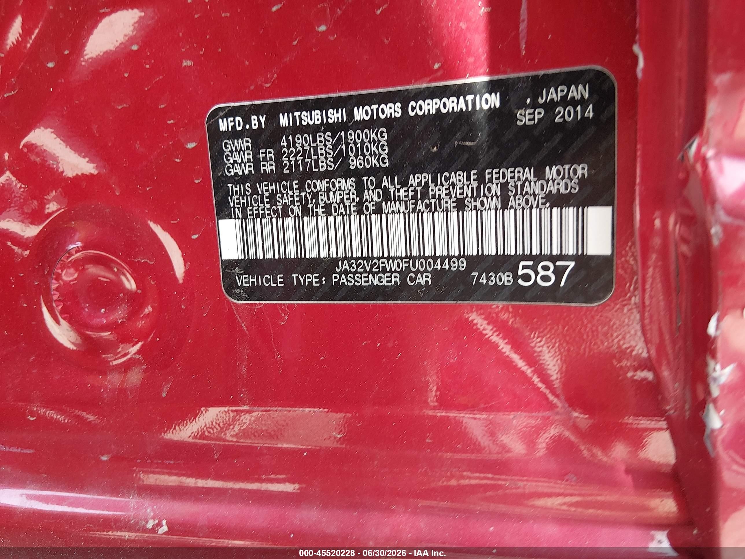 2015 Mitsubishi Lancer VIN JA32V2FW0FU004499 IAAI salvage auction — Side, Salvage - Greater Than 75% (Maryland), sold $775 on 2026-10-02 (photo 9)