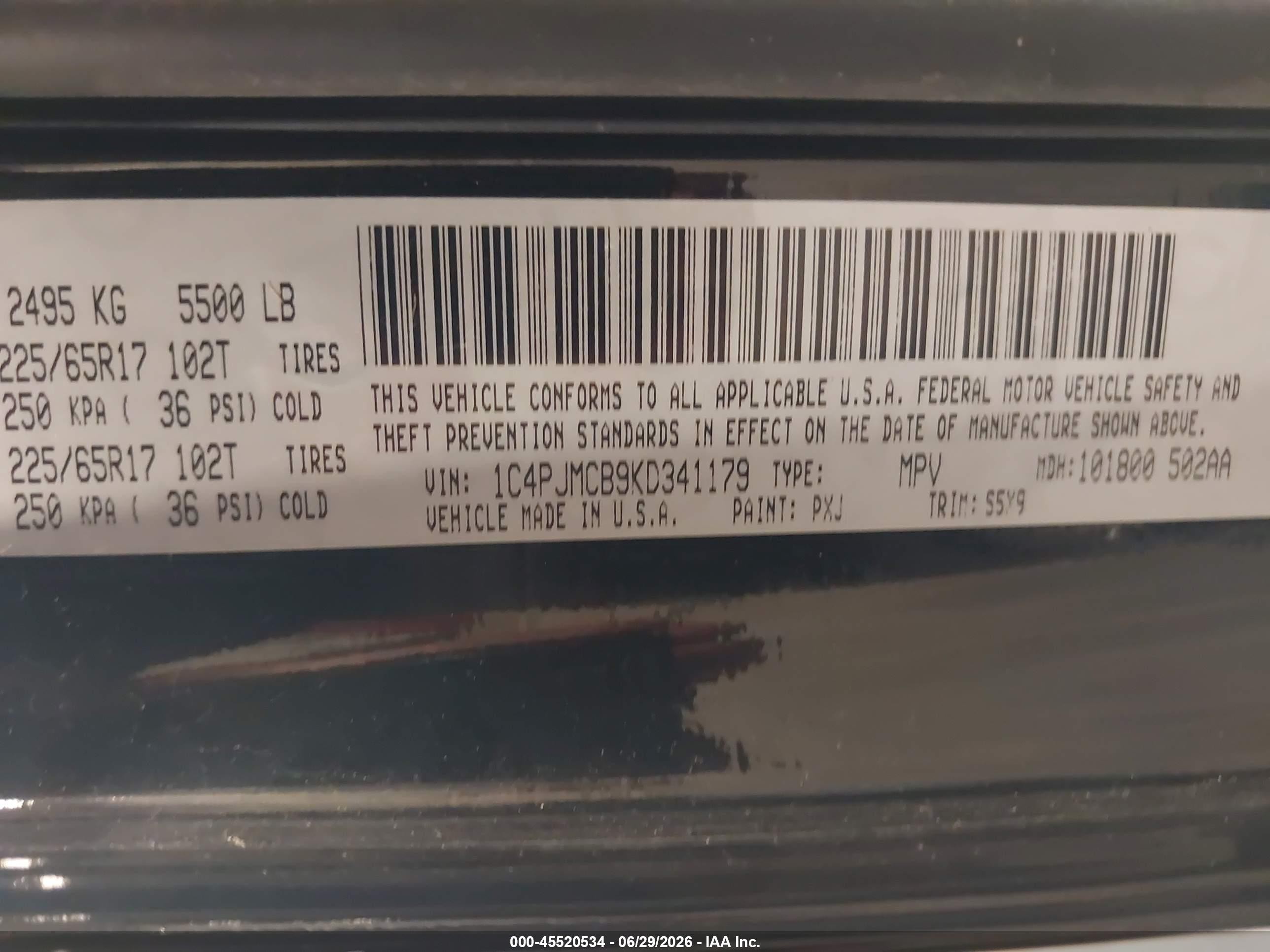 2019 Jeep Cherokee VIN 1C4PJMCB9KD341179 IAAI salvage auction — Normal Wear, SF97 (South Dakota), sold $10,000 on 2026-09-16 (photo 9)
