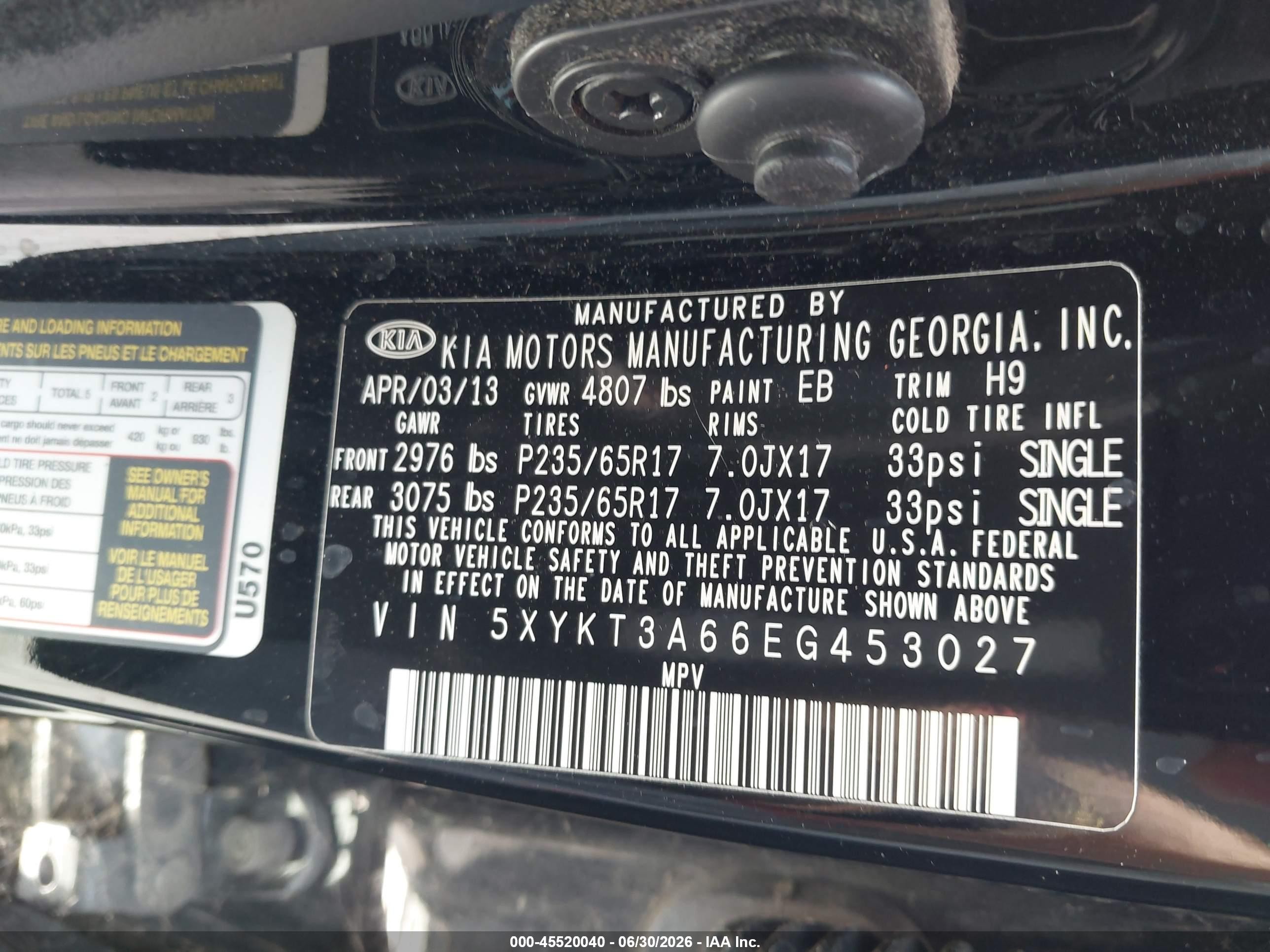 2014 Kia Sorento VIN 5XYKT3A66EG453027 IAAI salvage auction — Normal Wear, Clear - Dealer Only (California), sold $350 on 2026-07-02 (photo 9)