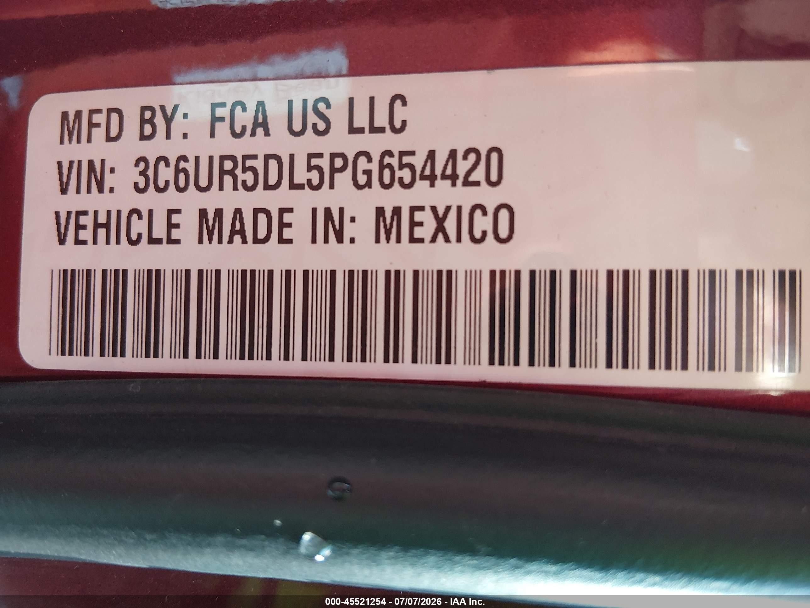 2023 Ram 2500 VIN 3C6UR5DL5PG654420 IAAI salvage auction — Front & Rear, Salvage (Idaho), sold $14,500 on 2026-09-05 (photo 9)