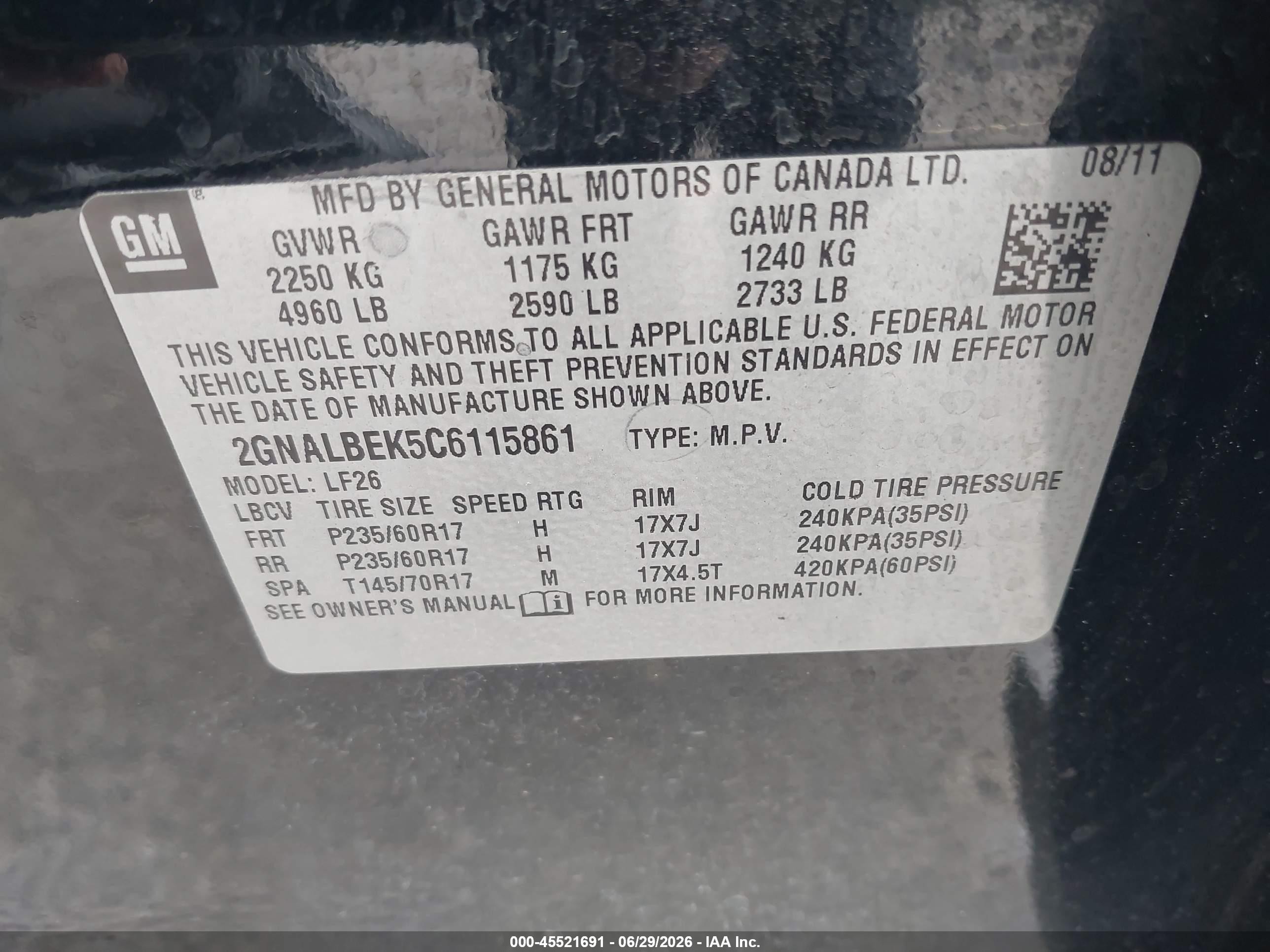 2012 Chevrolet Equinox VIN 2GNALBEK5C6115861 IAAI salvage auction — Normal Wear, Clear-Dealer Only (Washington), sold $450 on 2026-07-09 (photo 9)
