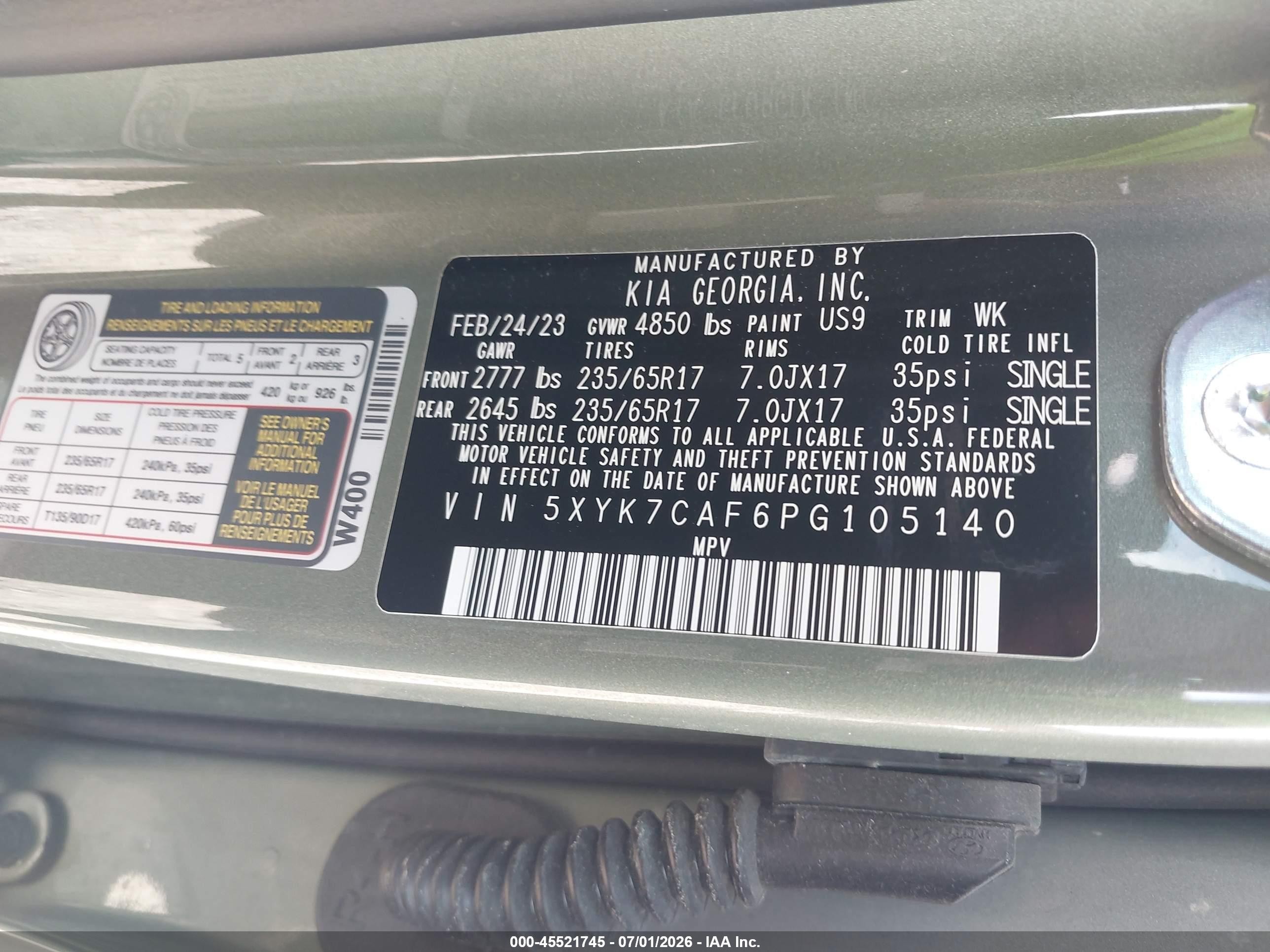 2023 Kia Sportage VIN 5XYK7CAF6PG105140 IAAI salvage auction — Rear End, Original (Texas), sold $11,300 on 2026-09-03 (photo 9)