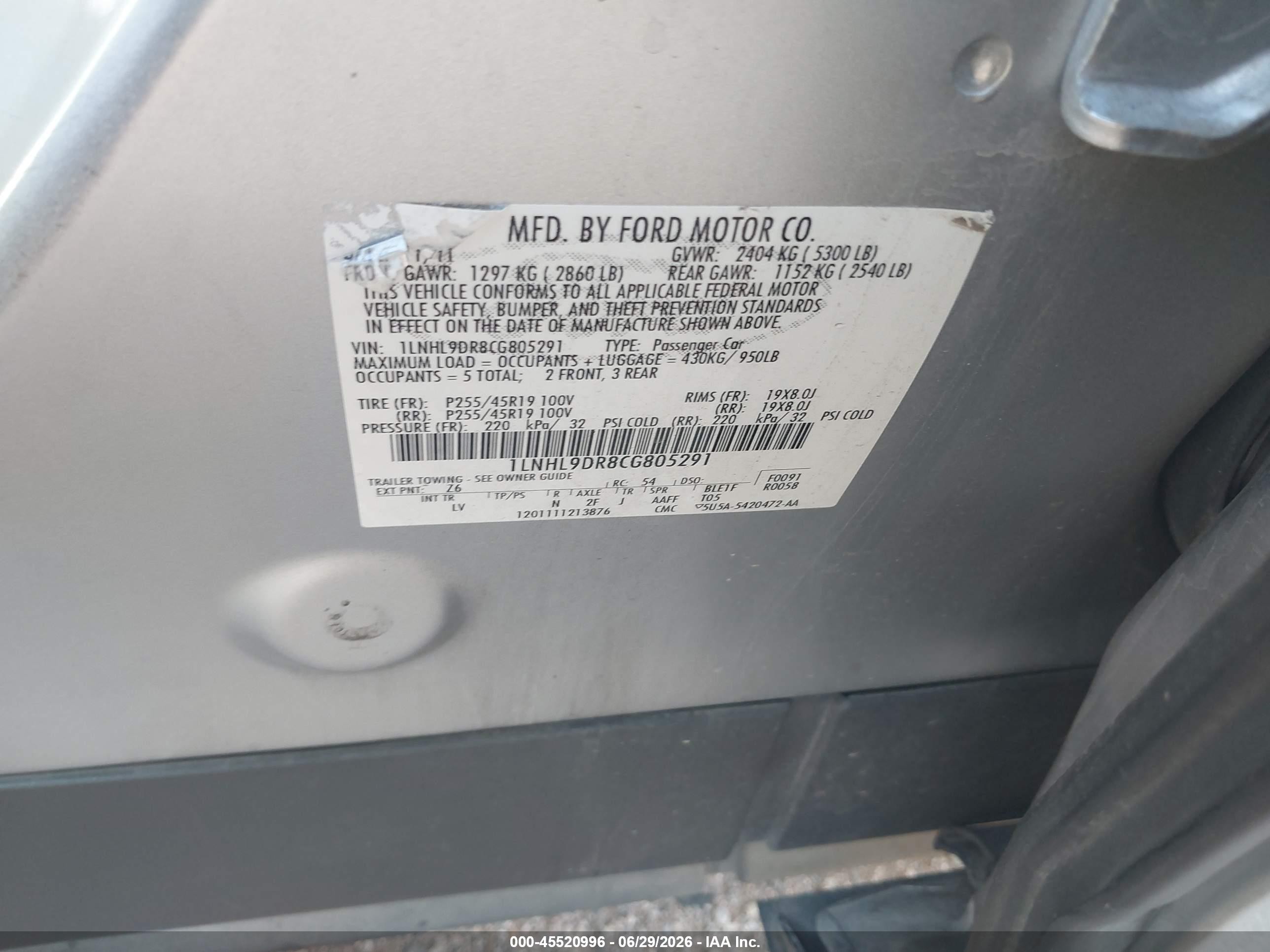 2012 Lincoln MKS VIN 1LNHL9DR8CG805291 IAAI salvage auction — Normal Wear, Clear-Dealer Only (Arizona), sold $650 on 2026-07-09 (photo 9)