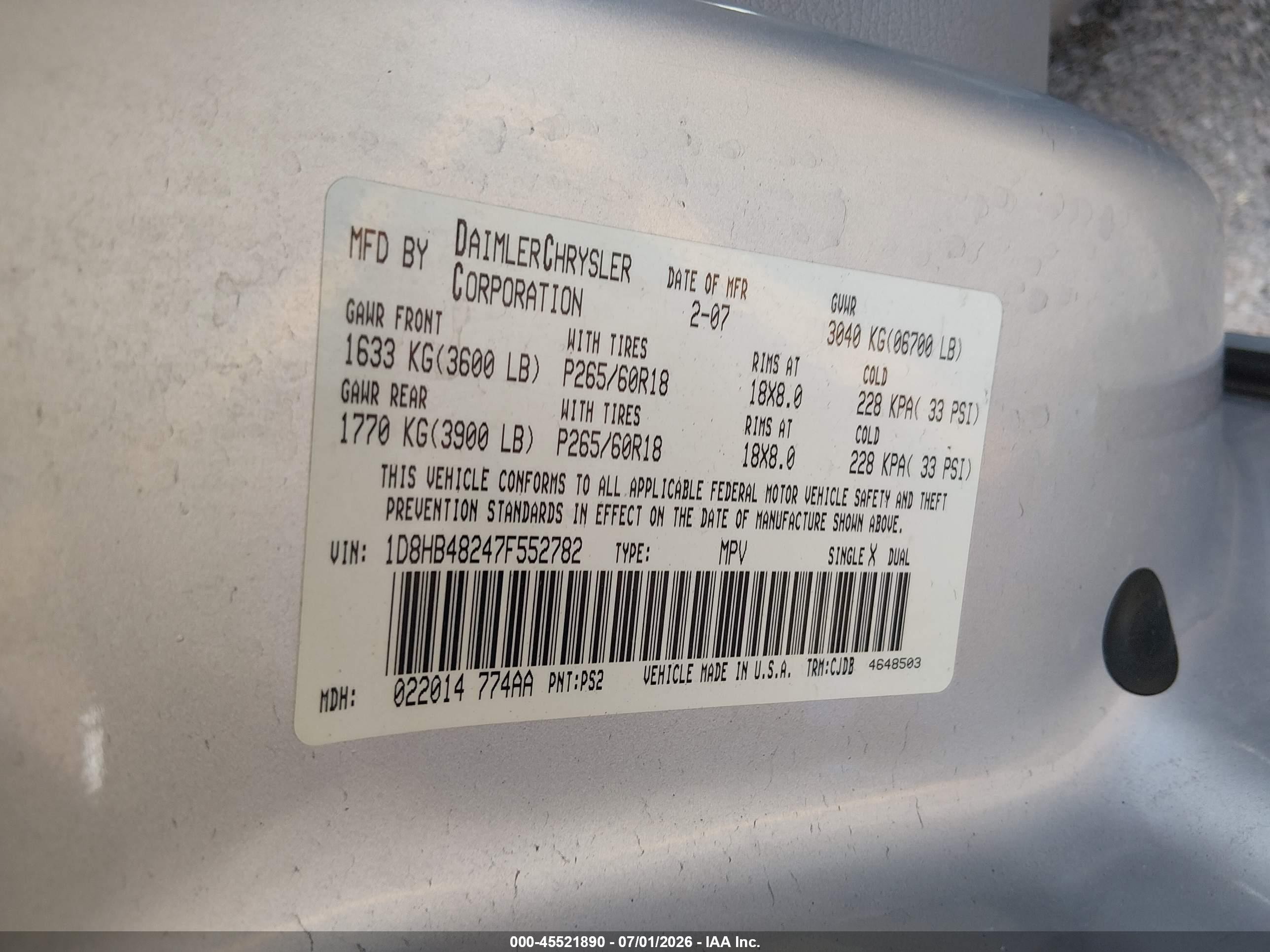 2007 Dodge Durango VIN 1D8HB48247F552782 IAAI salvage auction — Normal Wear, Clear (Idaho), sold $950 on 2026-07-10 (photo 9)