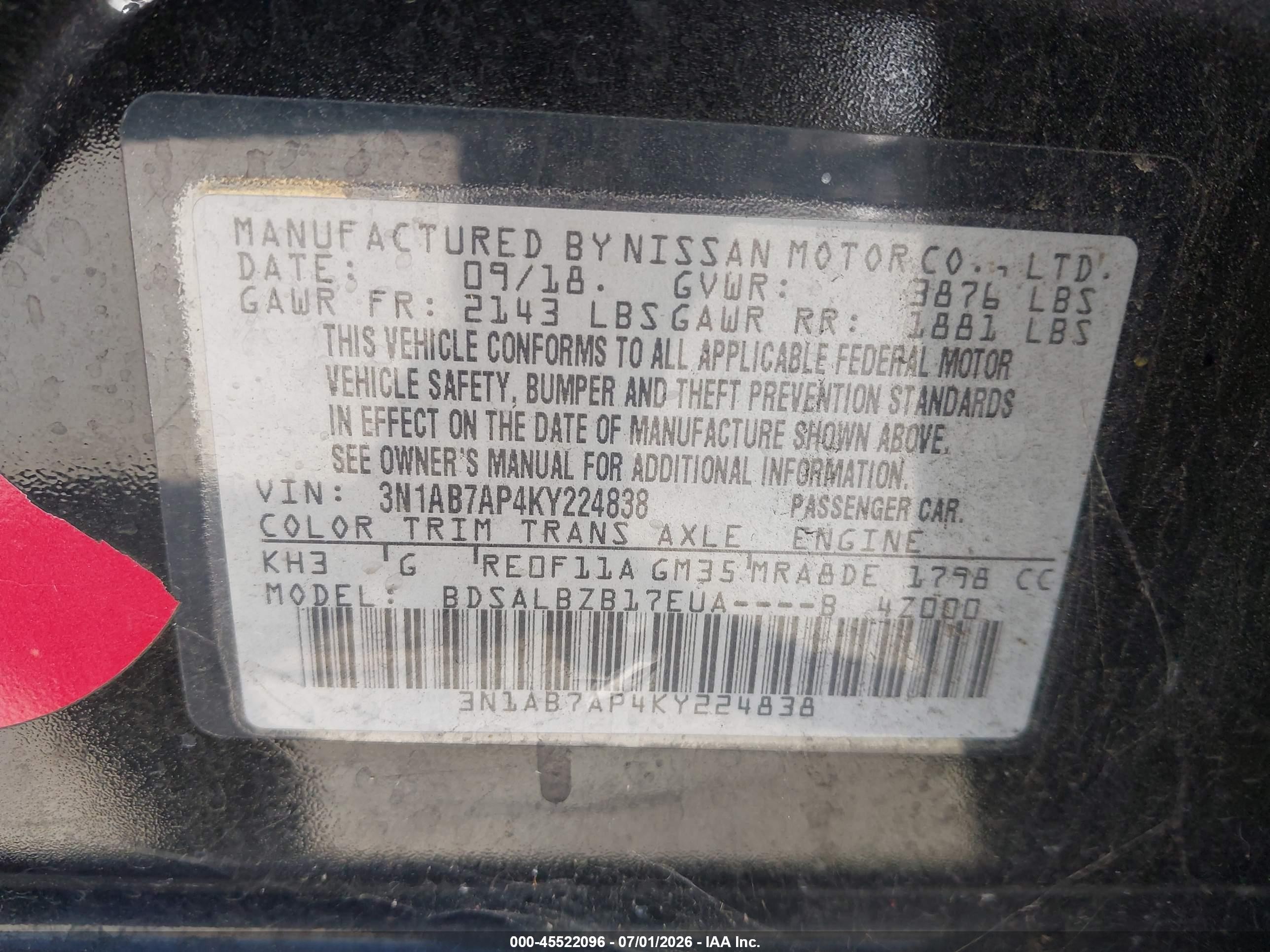 2019 Nissan Sentra VIN 3N1AB7AP4KY224838 IAAI salvage auction — Normal Wear, Clear - Dealer Only (California), sold $750 on 2026-07-09 (photo 9)