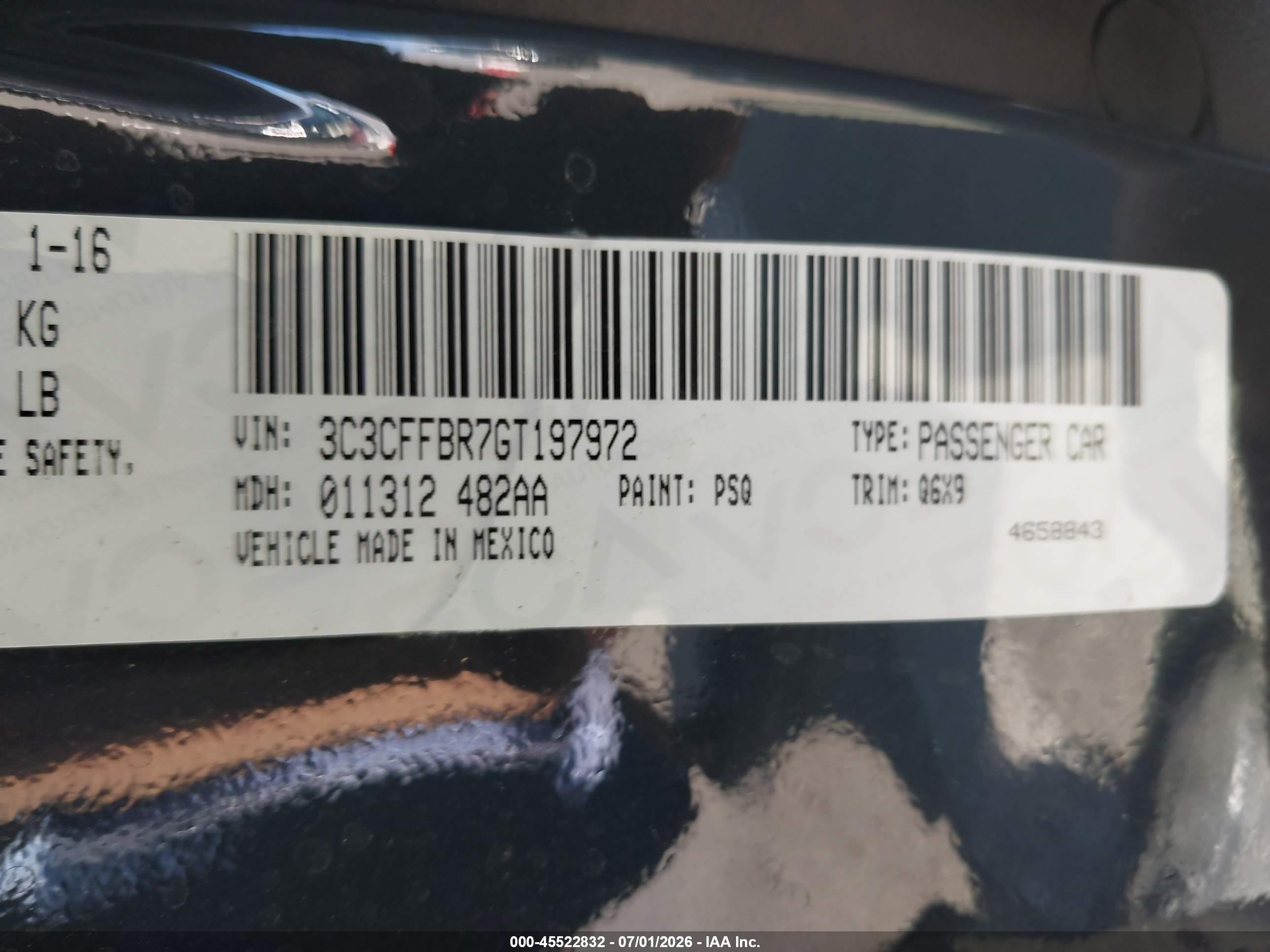 2016 Fiat 500 VIN 3C3CFFBR7GT197972 IAAI salvage auction — Normal Wear, Clear - Dealer Only (California), sold $1,400 on 2026-07-09 (photo 9)