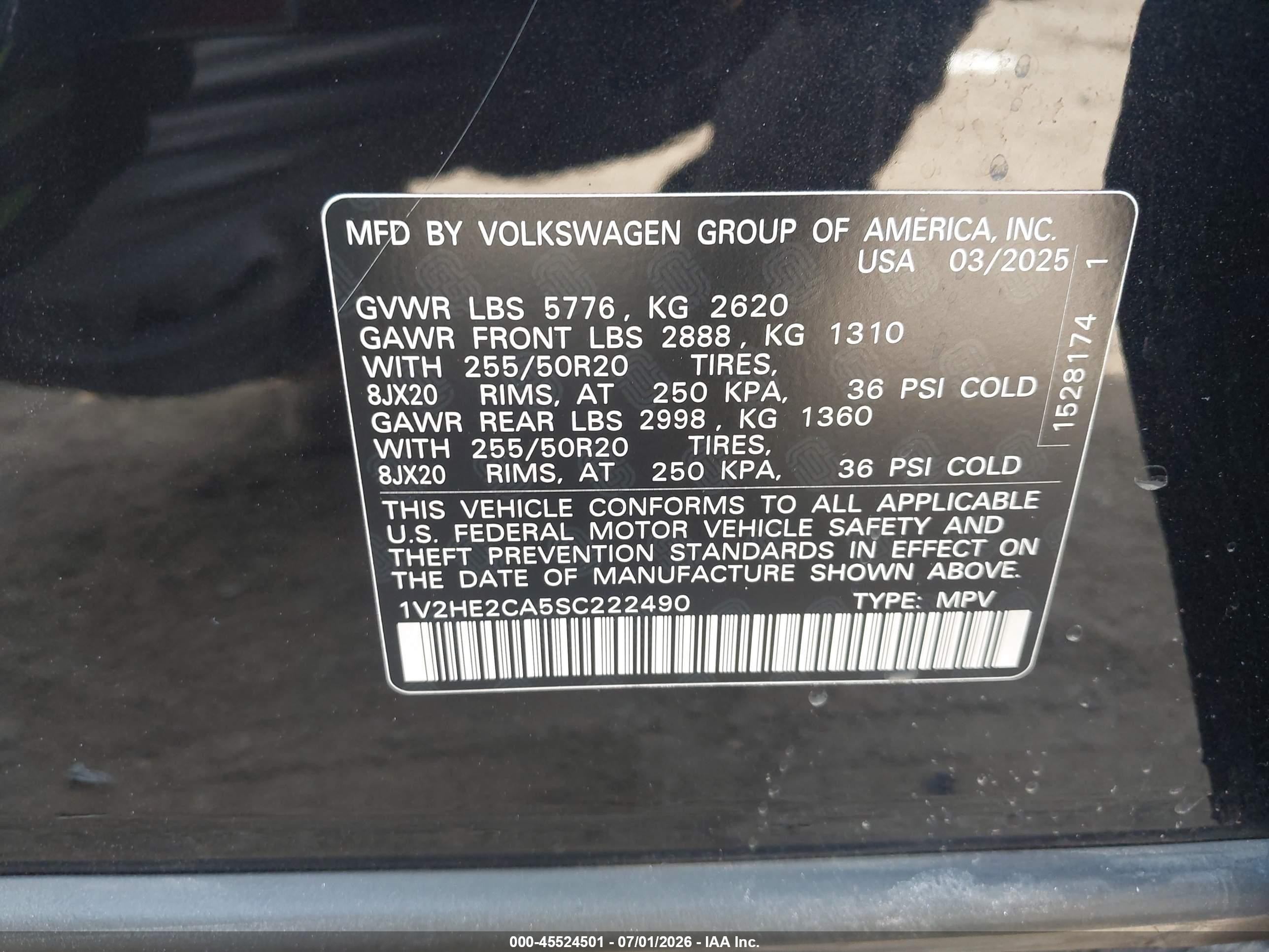 2025 Volkswagen Atlas Cross Sport VIN 1V2HE2CA5SC222490 IAAI salvage auction — Unknown, Clear (California), sold $16,600 on 2026-07-12 (photo 9)