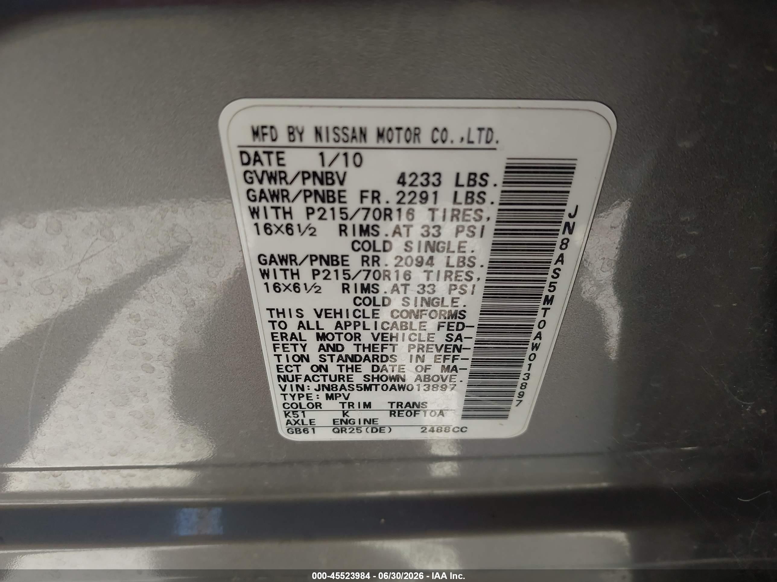 2010 Nissan Rogue Sport VIN JN8AS5MT0AW013897 IAAI salvage auction — Normal Wear, Clear - Dealer Only (California), sold $600 on 2026-07-09 (photo 9)