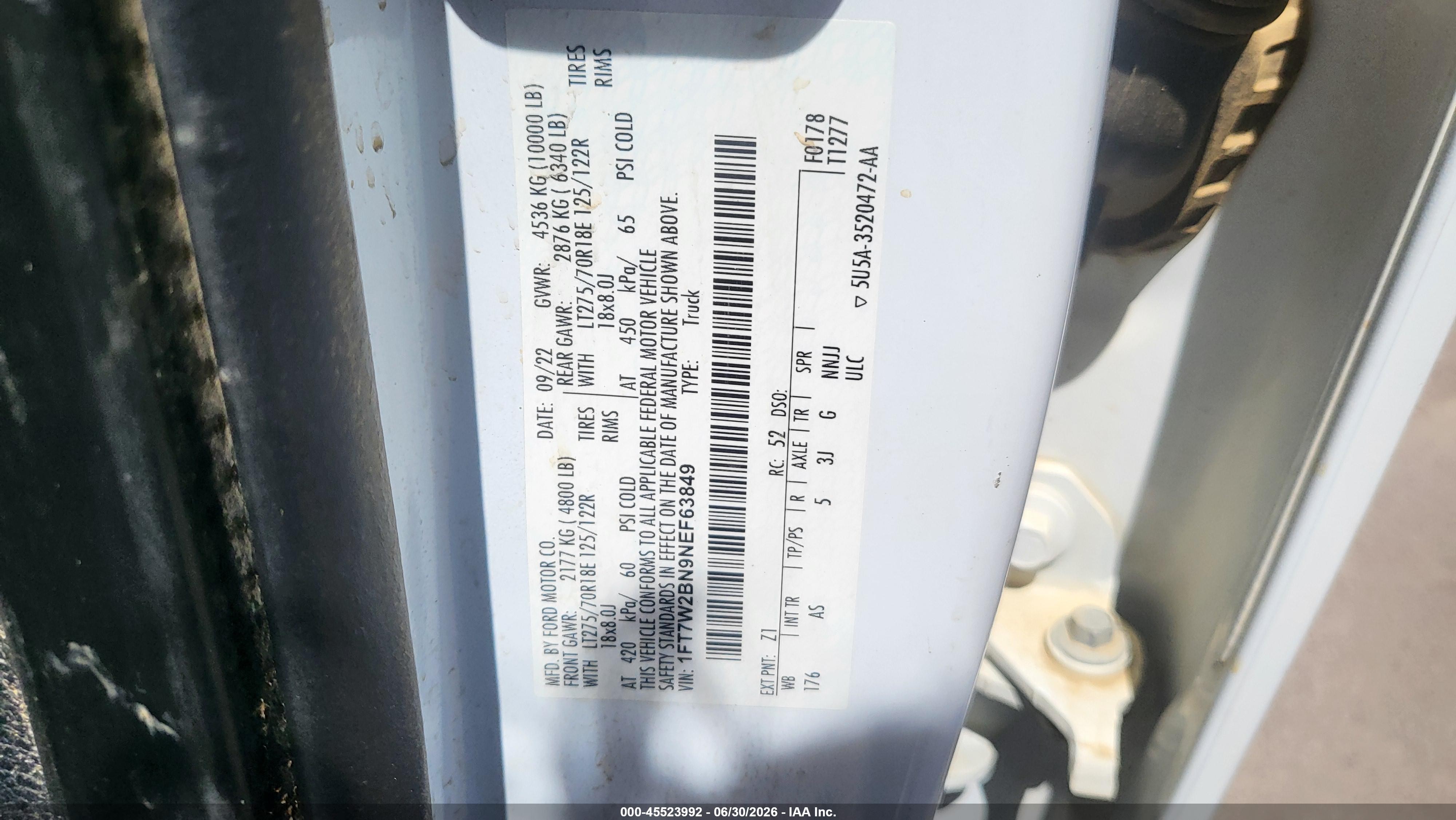 2022 Ford F-250 VIN 1FT7W2BN9NEF63849 IAAI salvage auction — Normal Wear, Clear (Arizona), sold $15,400 on 2026-07-07 (photo 9)
