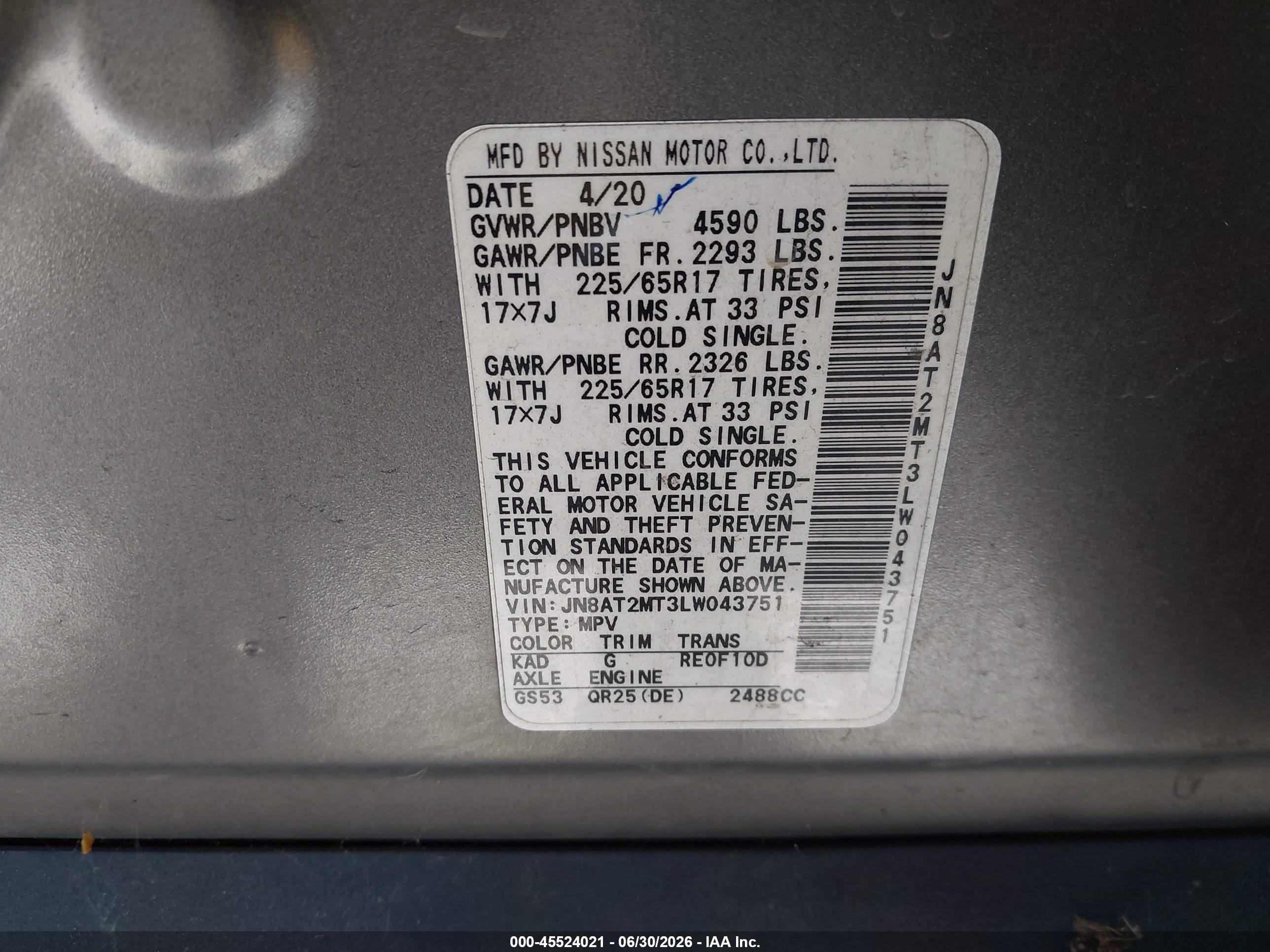 2020 Nissan Rogue Sport VIN JN8AT2MT3LW043751 IAAI salvage auction — Normal Wear, Clear - Dealer Only (California), sold $1,900 on 2026-07-09 (photo 9)