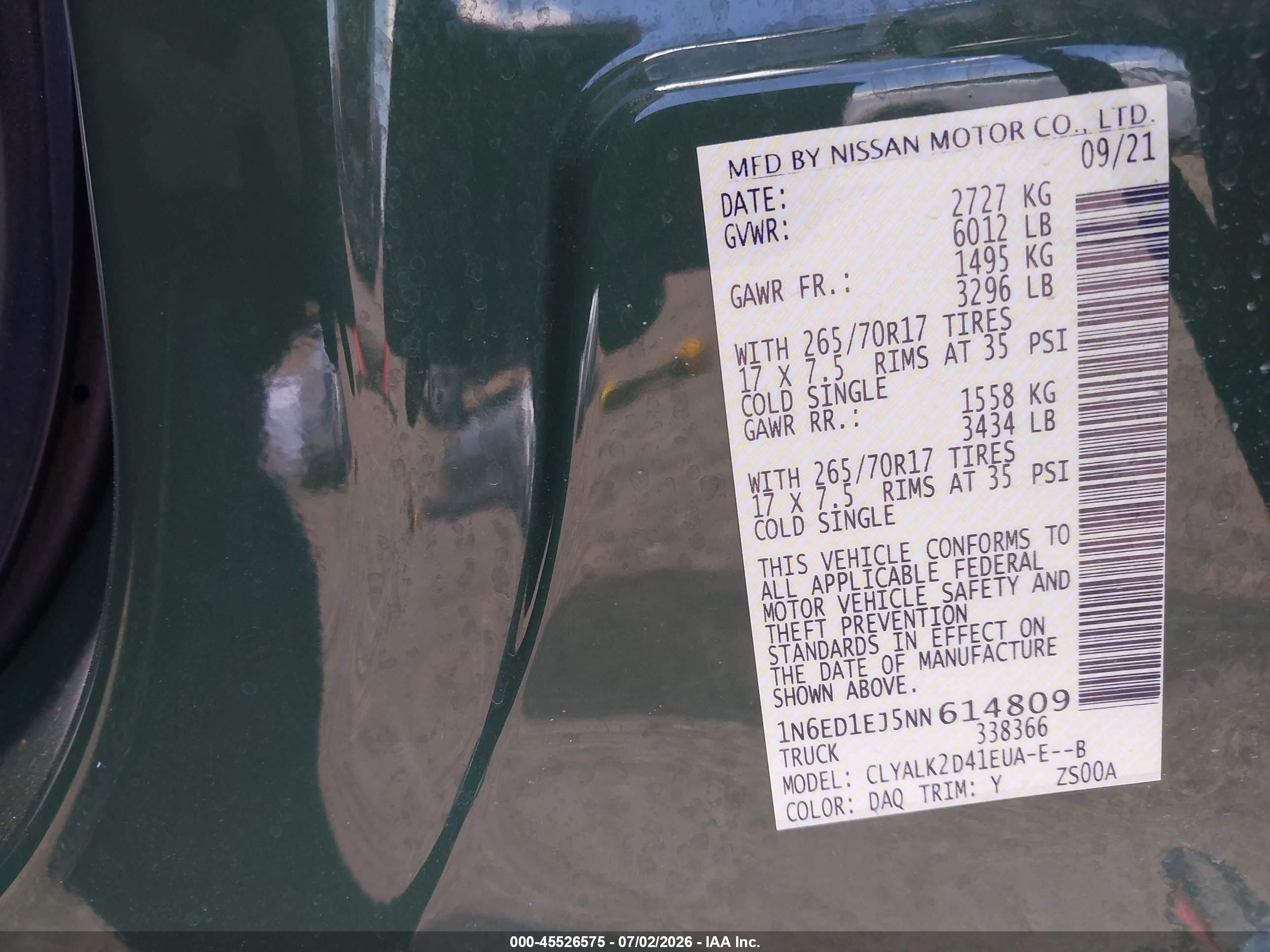 2022 Nissan Navara (frontier) VIN 1N6ED1EJ5NN614809 IAAI salvage auction — Side, Original (Texas), sold $7,600 on 2026-08-29 (photo 9)
