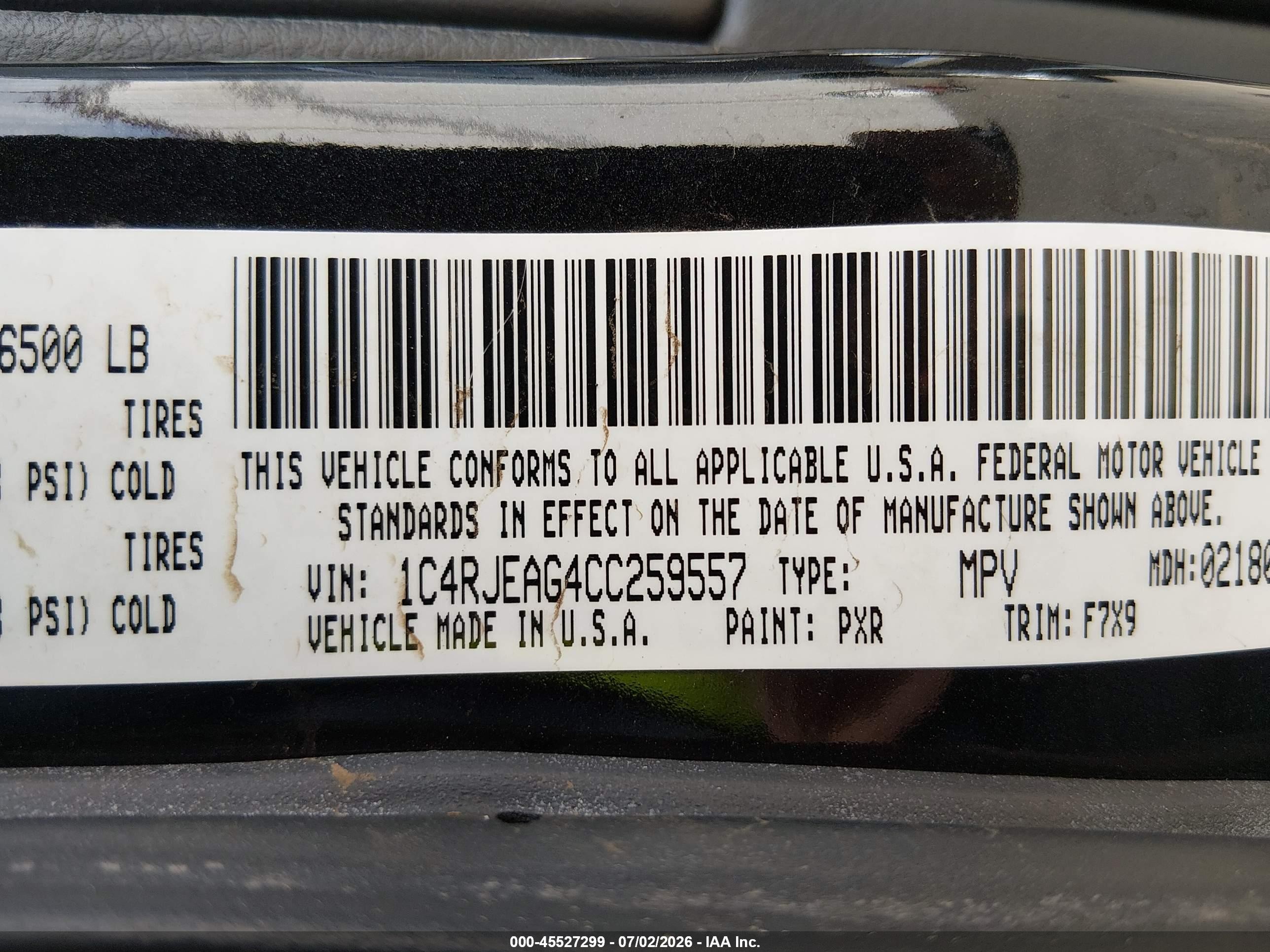 2012 Jeep Grand Cherokee VIN 1C4RJEAG4CC259557 IAAI salvage auction — Normal Wear, Clear-Dealer Only (Oregon), sold $275 on 2026-07-09 (photo 9)
