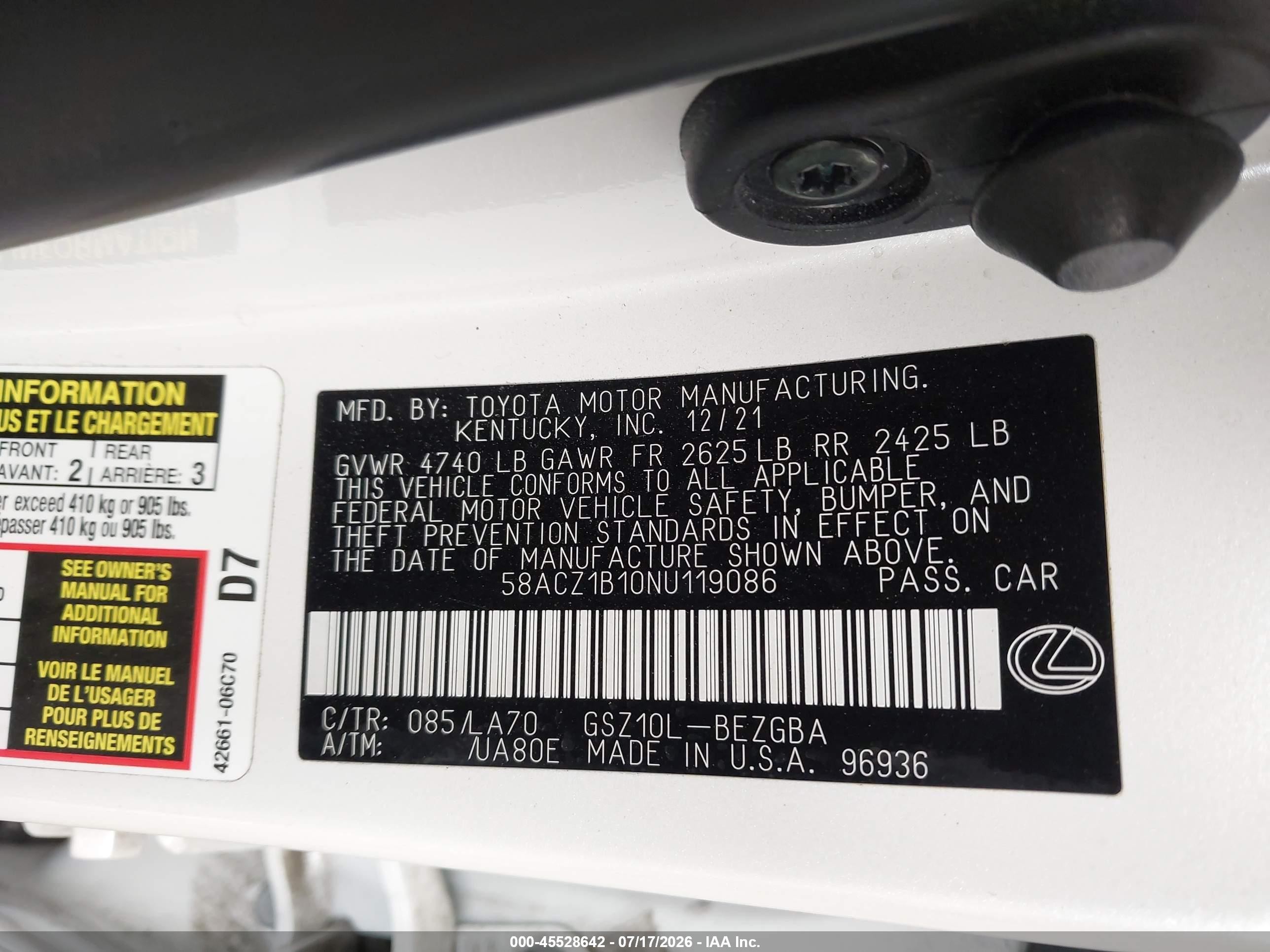 2022 Lexus ES VIN 58ACZ1B10NU119086 IAAI salvage auction — Side, Salvage (Virginia), sold $15,900 on 2026-09-04 (photo 9)