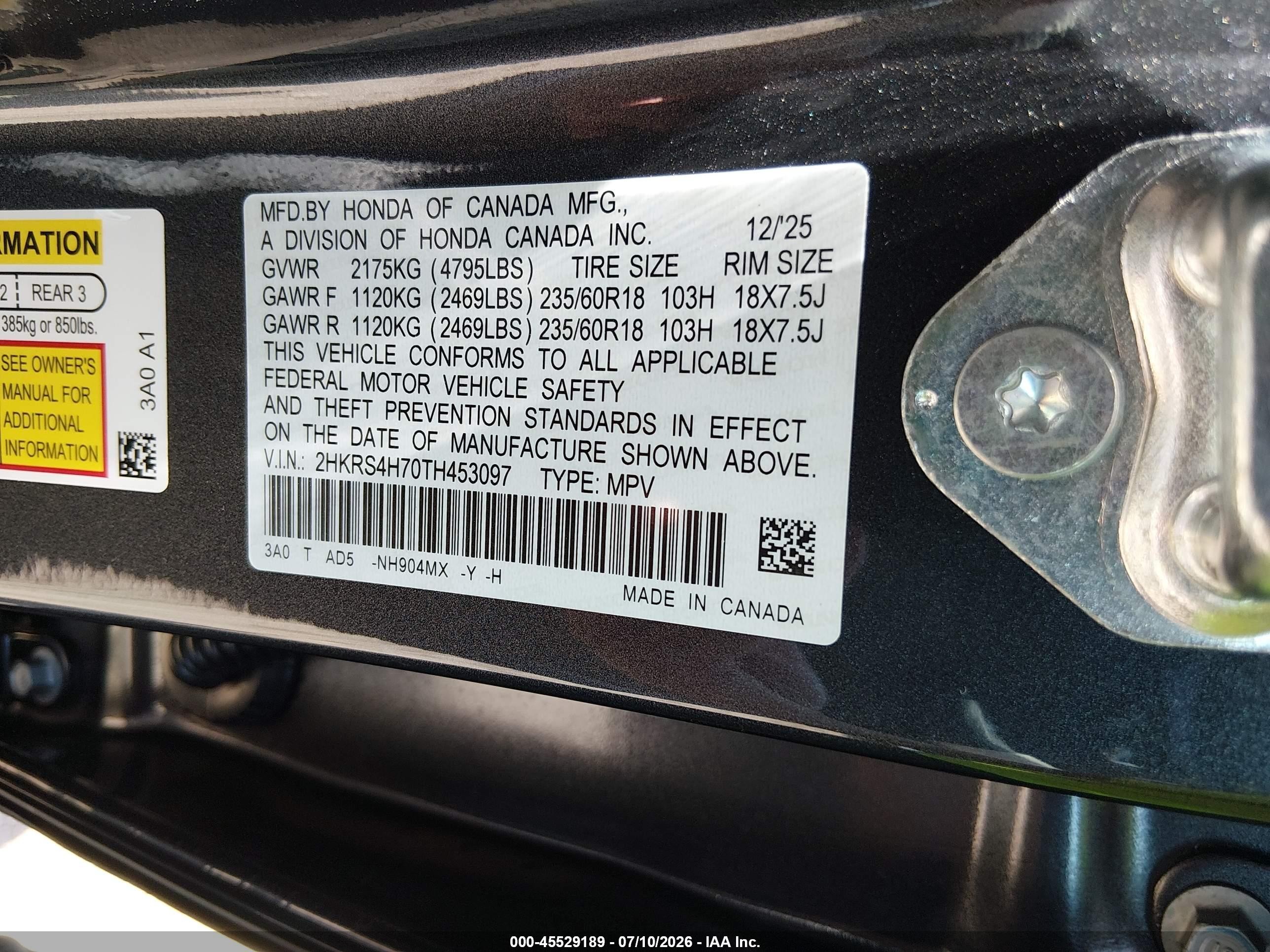 2026 Honda Cr-v VIN 2HKRS4H70TH453097 IAAI salvage auction — Hail, Salvage (Kansas), sold $16,600 on 2026-09-18 (photo 9)