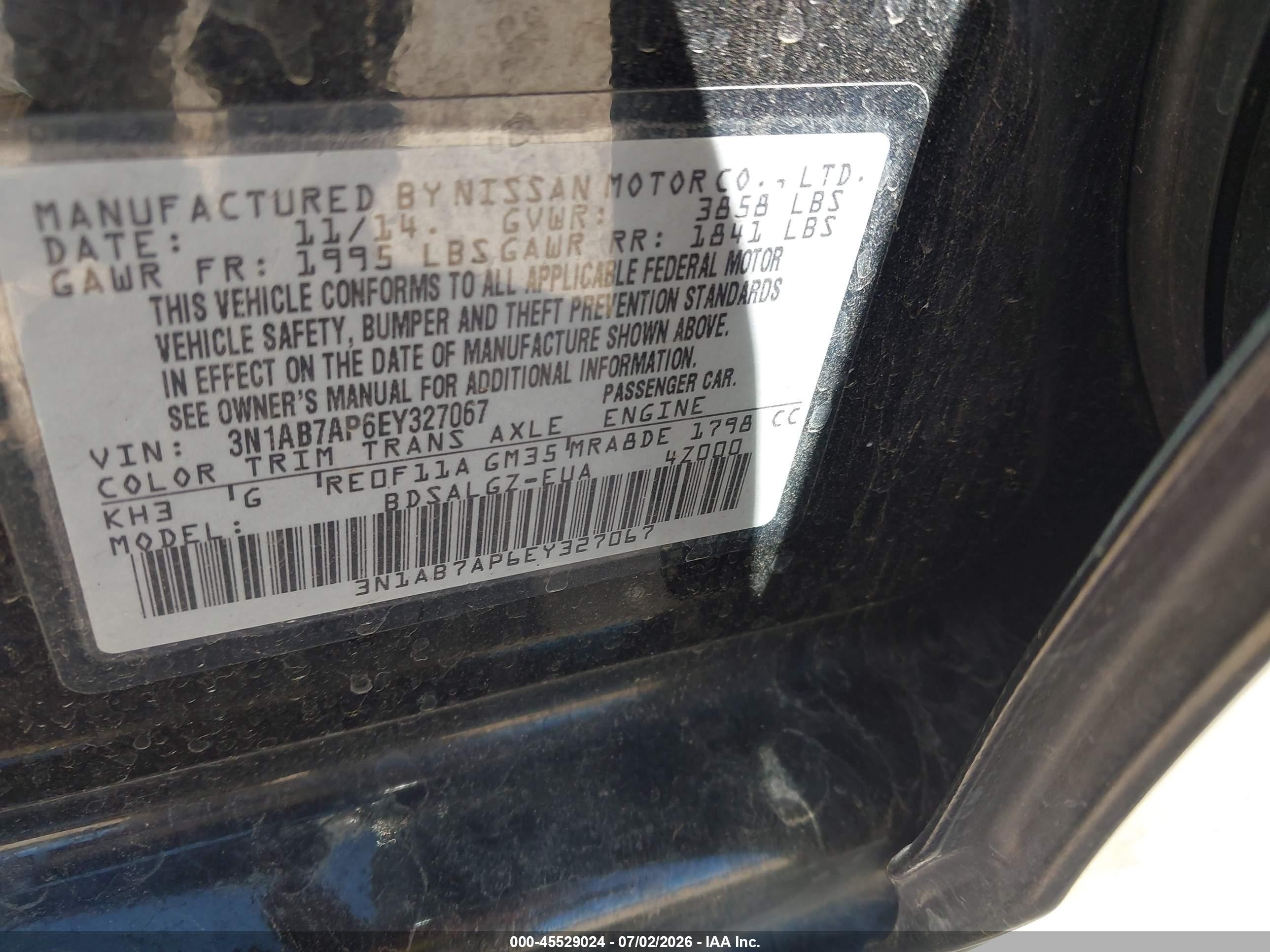 2014 Nissan Sentra VIN 3N1AB7AP6EY327067 IAAI salvage auction — Normal Wear, Clear-Dealer Only (Arizona), sold $550 on 2026-07-09 (photo 9)
