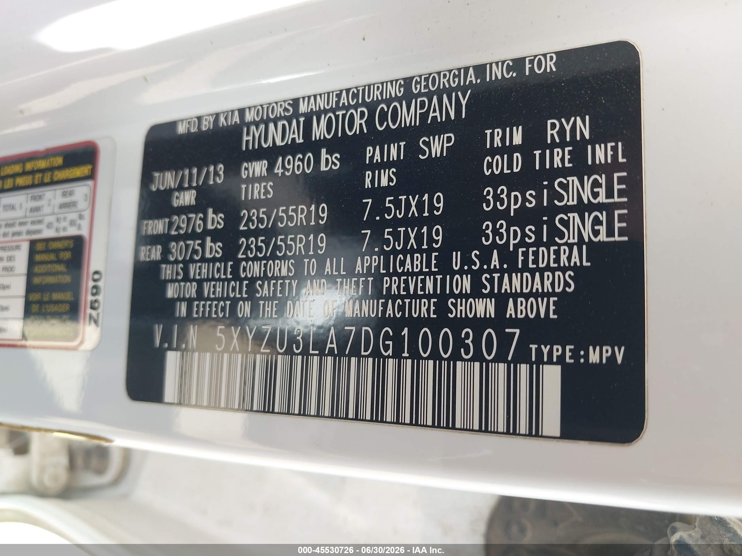 2013 Hyundai Santa Fe VIN 5XYZU3LA7DG100307 IAAI salvage auction — Normal Wear, Clear-Dealer Only (Arizona), sold $1,850 on 2026-07-09 (photo 9)