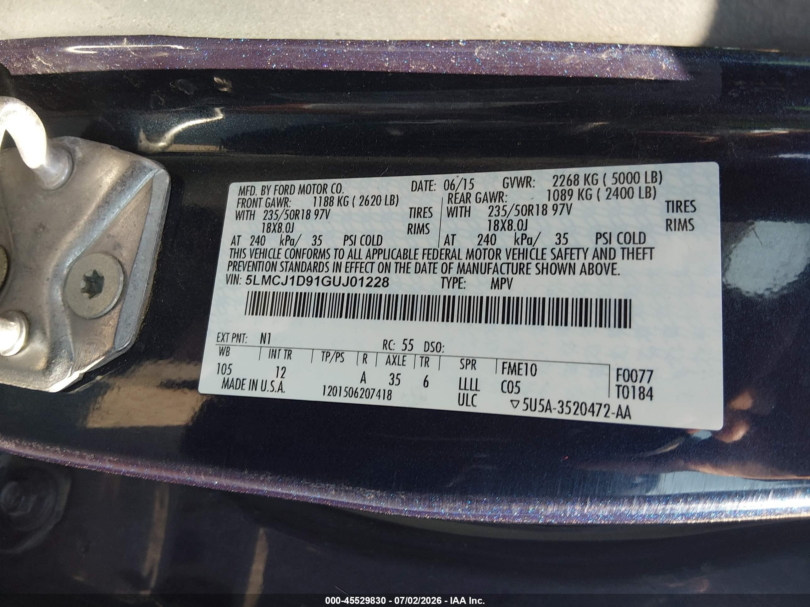 2016 Lincoln MKC VIN 5LMCJ1D91GUJ01228 IAAI salvage auction — Front End, Salvage (Colorado), sold $550 on 2026-09-21 (photo 9)
