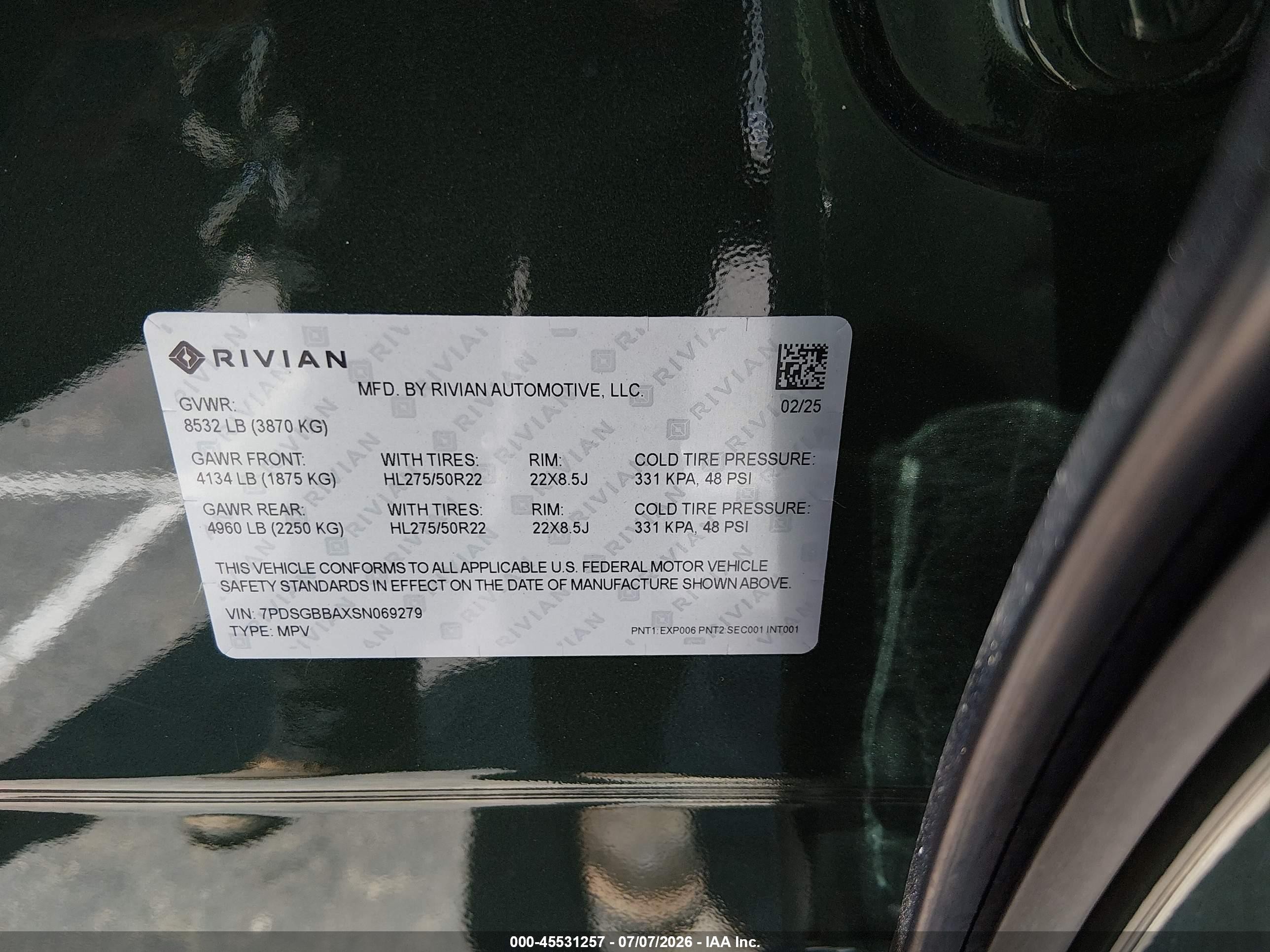 2025 Rivian R1s VIN 7PDSGBBAXSN069279 IAAI salvage auction — Unknown, Salvage (California), sold $12,500 on 2026-08-31 (photo 9)