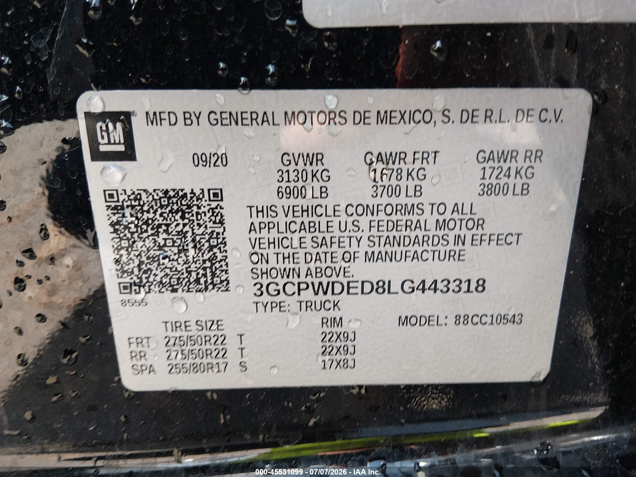 2020 Chevrolet Silverado VIN 3GCPWDED8LG443318 IAAI salvage auction — Side, Salvage (New Mexico), sold $8,000 on 2026-09-07 (photo 9)