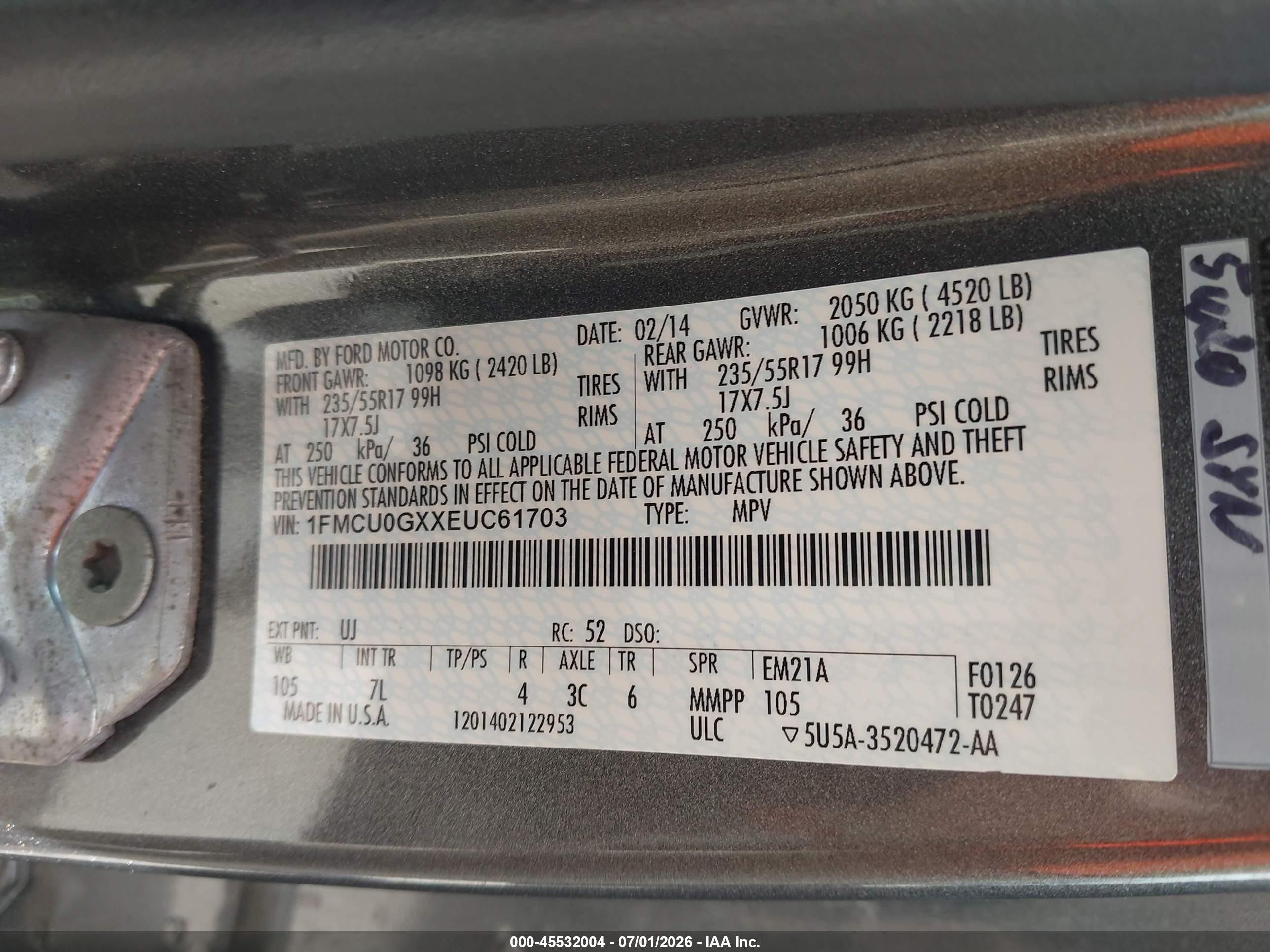 2014 Ford Escape VIN 1FMCU0GXXEUC61703 IAAI salvage auction — Normal Wear, Clear - Dealer Only (California), sold $300 on 2026-07-09 (photo 9)