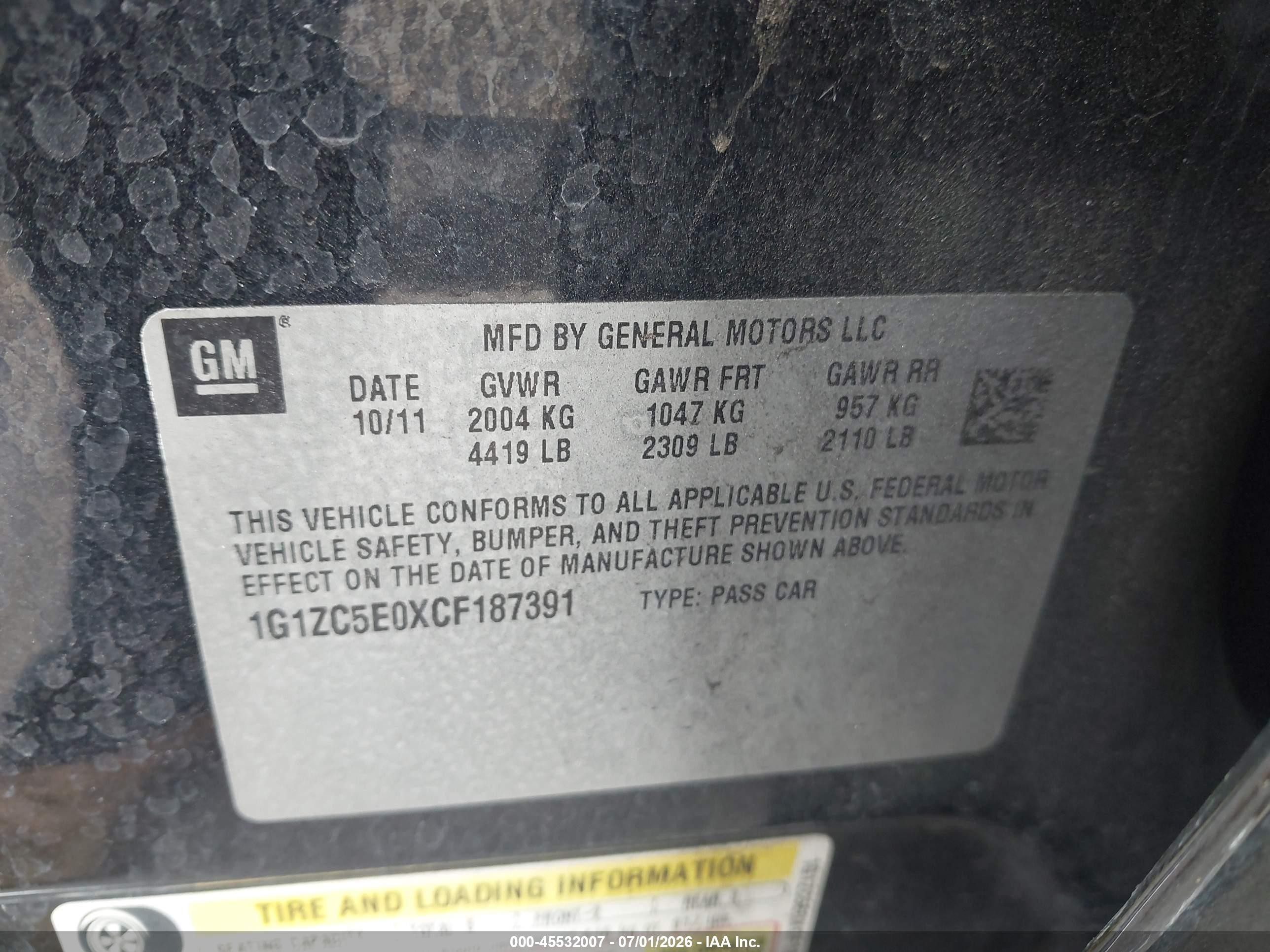 2012 Chevrolet Malibu VIN 1G1ZC5E0XCF187391 IAAI salvage auction — Normal Wear, Clear - Dealer Only (California), sold $325 on 2026-07-09 (photo 9)
