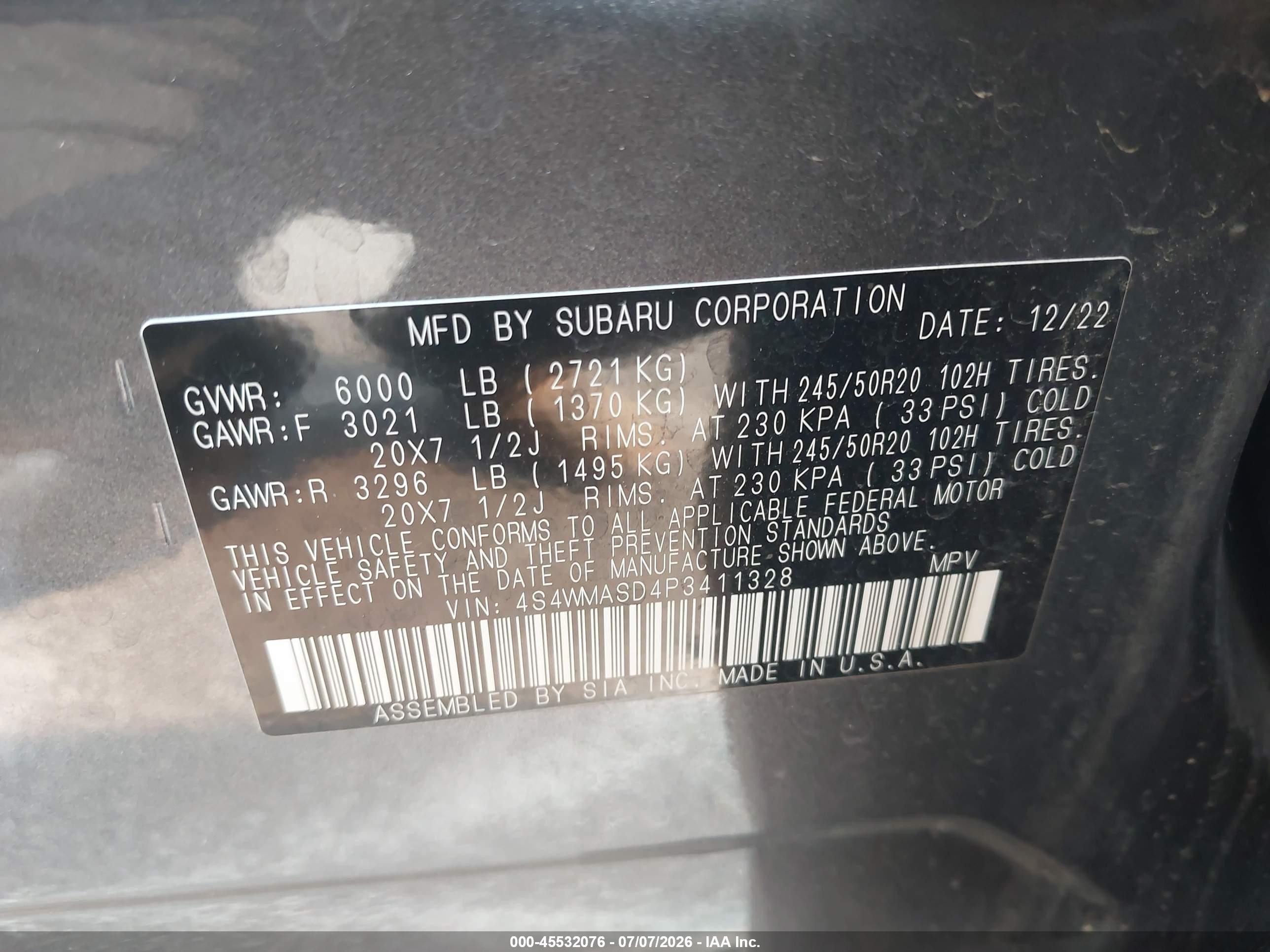 2023 Subaru Ascent VIN 4S4WMASD4P3411328 IAAI salvage auction — Front End, Salvage (Colorado), sold $3,200 on 2026-09-14 (photo 9)