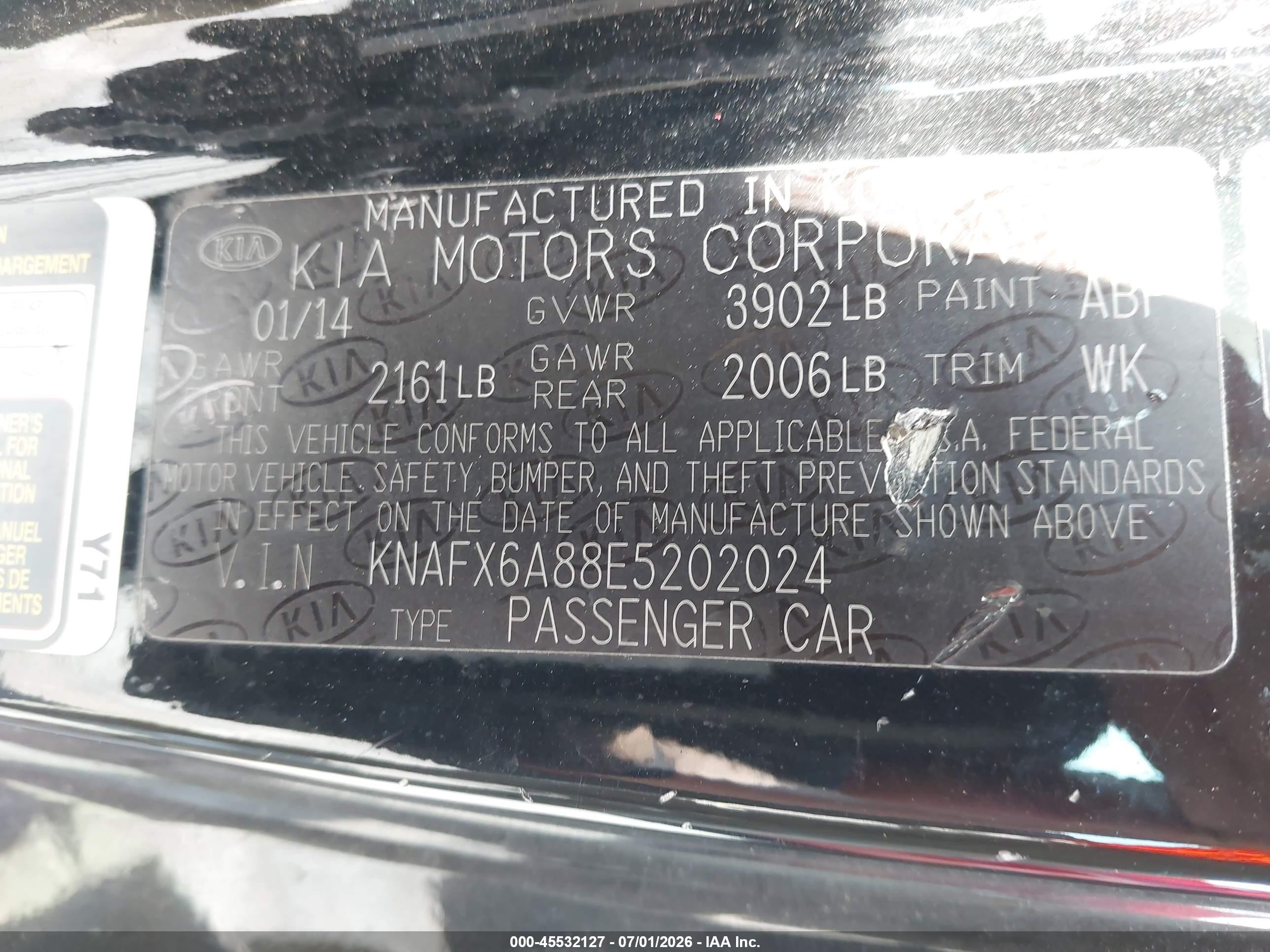 2014 Kia Forte VIN KNAFX6A88E5202024 IAAI salvage auction — Normal Wear, Clear - Dealer Only (California), sold $225 on 2026-07-09 (photo 9)