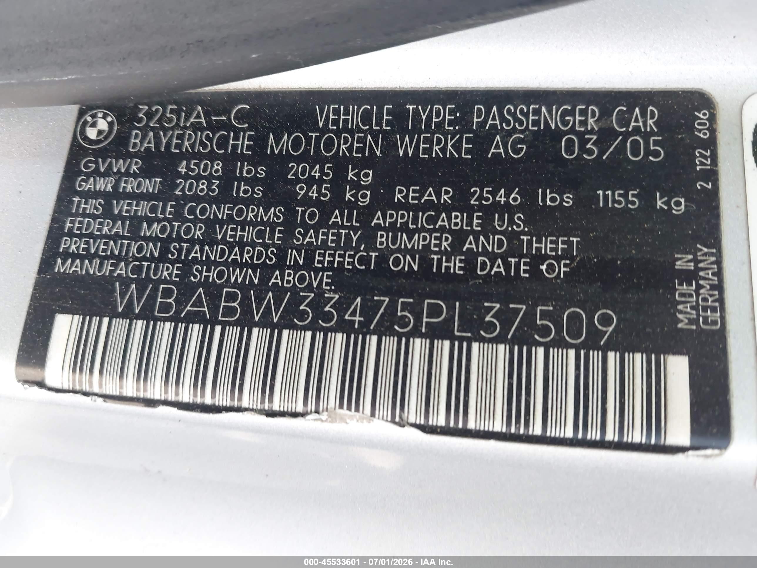 2005 BMW 3 Series VIN WBABW33475PL37509 IAAI salvage auction — Normal Wear, Clear - Dealer Only (California), sold $350 on 2026-07-09 (photo 9)