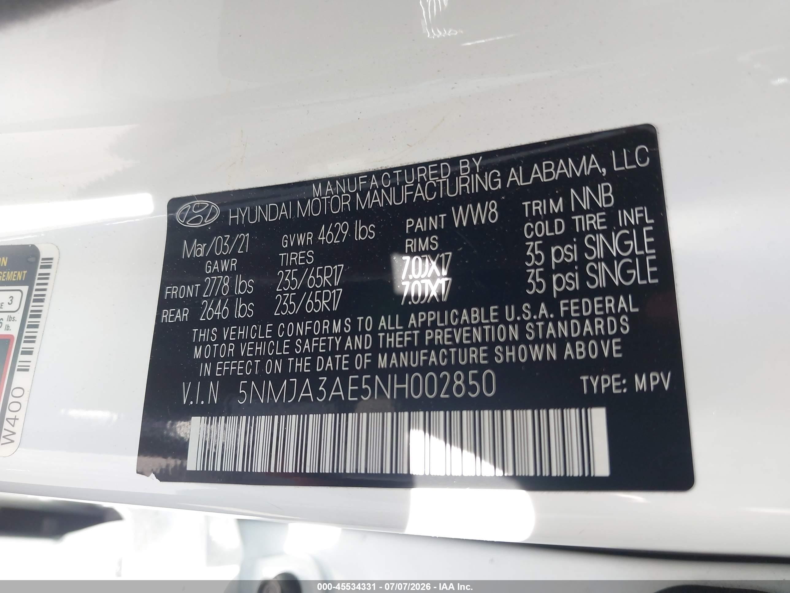 2022 Hyundai Tucson VIN 5NMJA3AE5NH002850 IAAI salvage auction — Front End, Salvage Certificate (California), sold $4,100 on 2026-07-12 (photo 9)