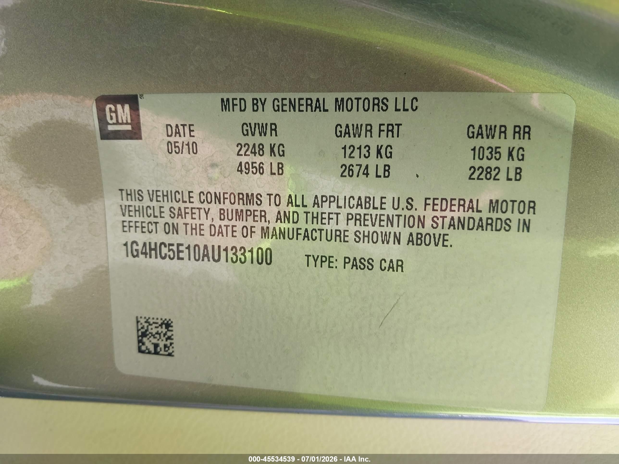 2010 Buick Lucerne VIN 1G4HC5E10AU133100 IAAI salvage auction — Normal Wear, Clear - Dealer Only (California), sold $325 on 2026-07-09 (photo 9)