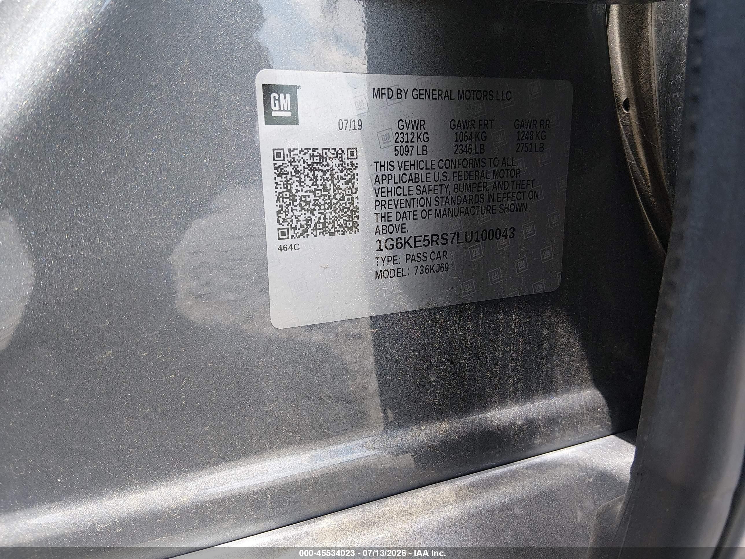 2020 Cadillac Ct6 VIN 1G6KE5RS7LU100043 IAAI salvage auction — Rear End, Wait Title, sold $11,400 on 2026-09-20 (photo 9)