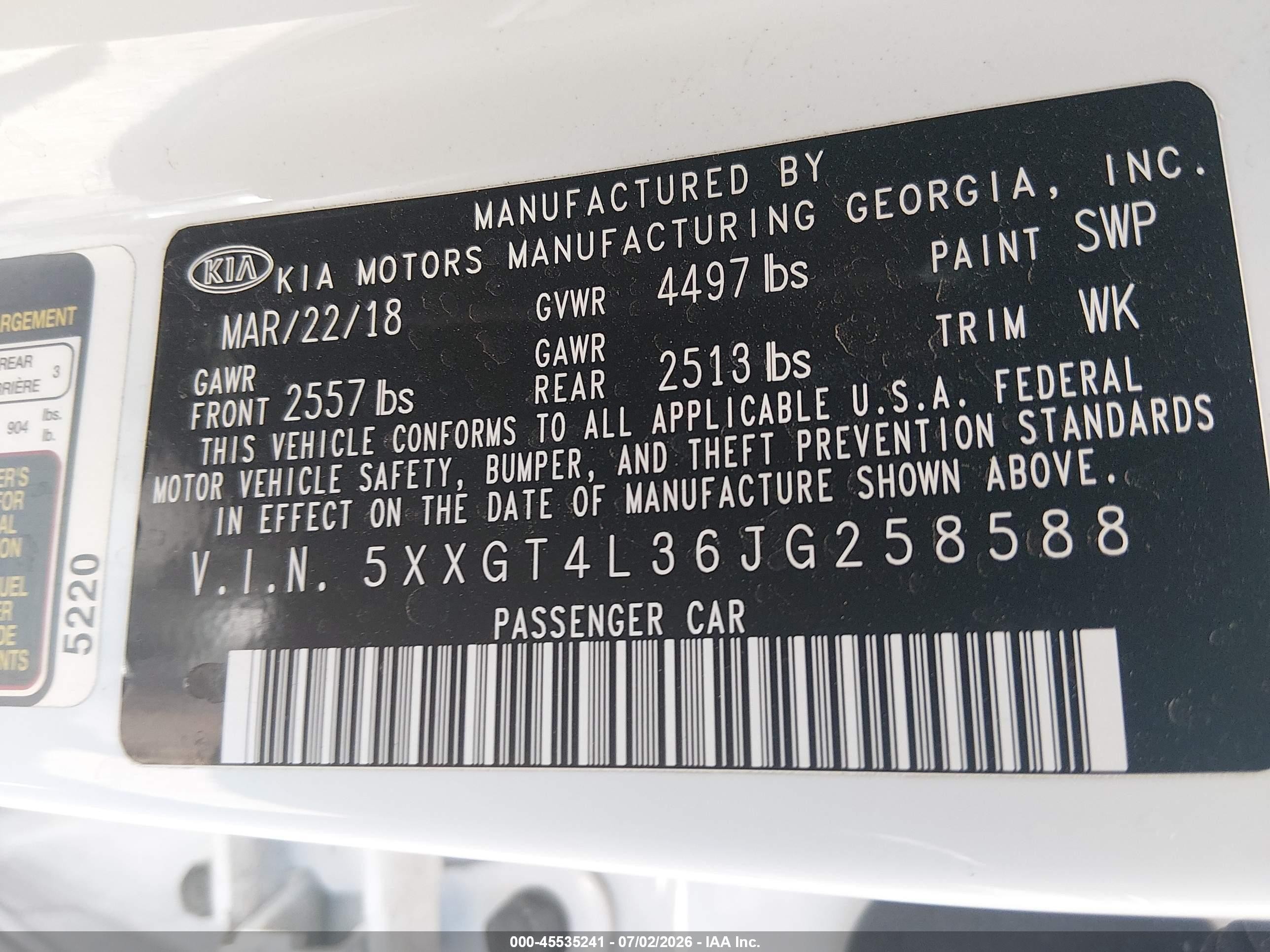 2018 Kia Optima VIN 5XXGT4L36JG258588 IAAI salvage auction — Theft, Salvage (California), sold $125 on 2026-09-04 (photo 9)