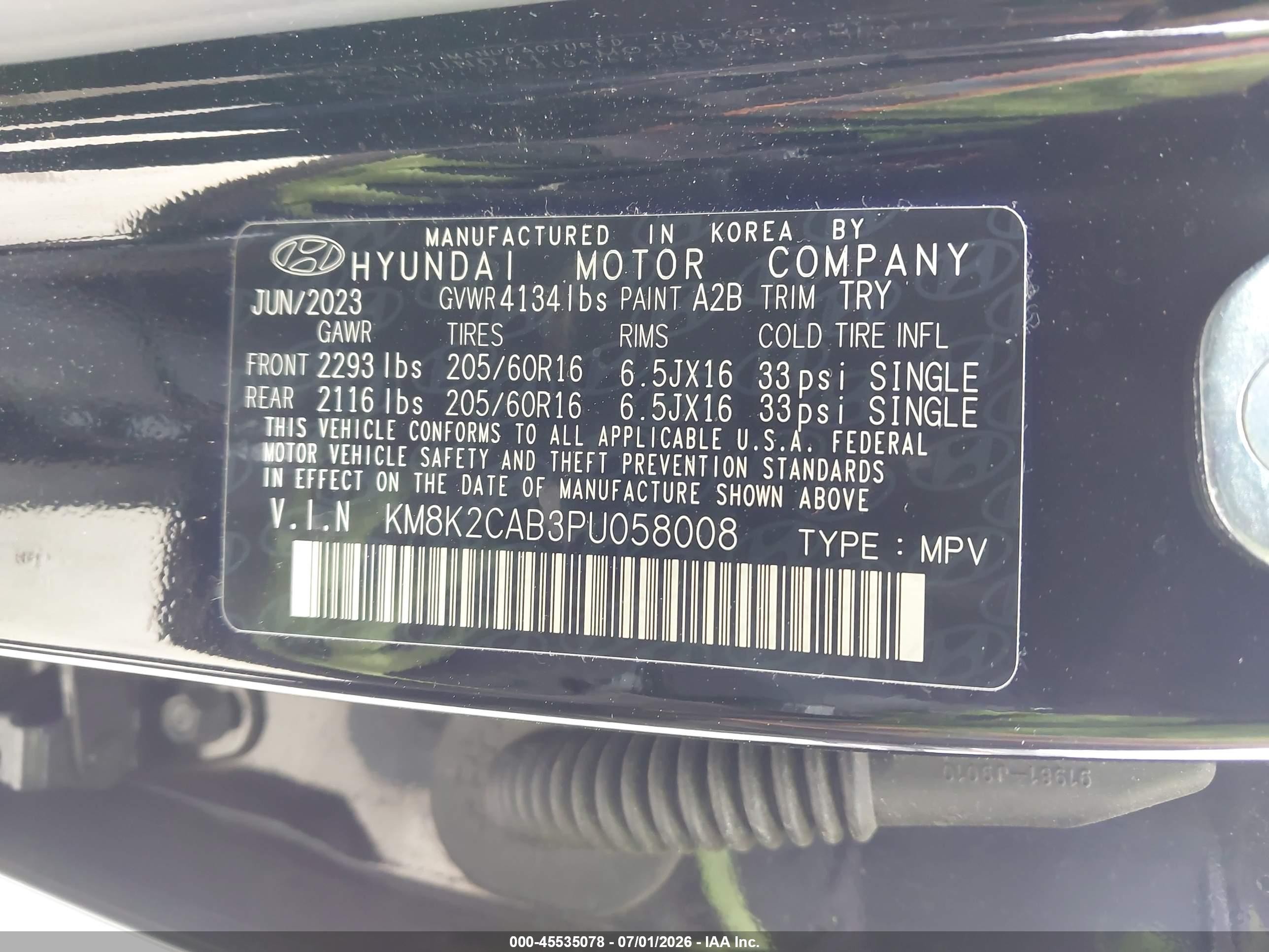 2023 Hyundai Kona VIN KM8K2CAB3PU058008 IAAI salvage auction — Rear End, Salvage (California), sold $3,450 on 2026-09-19 (photo 9)